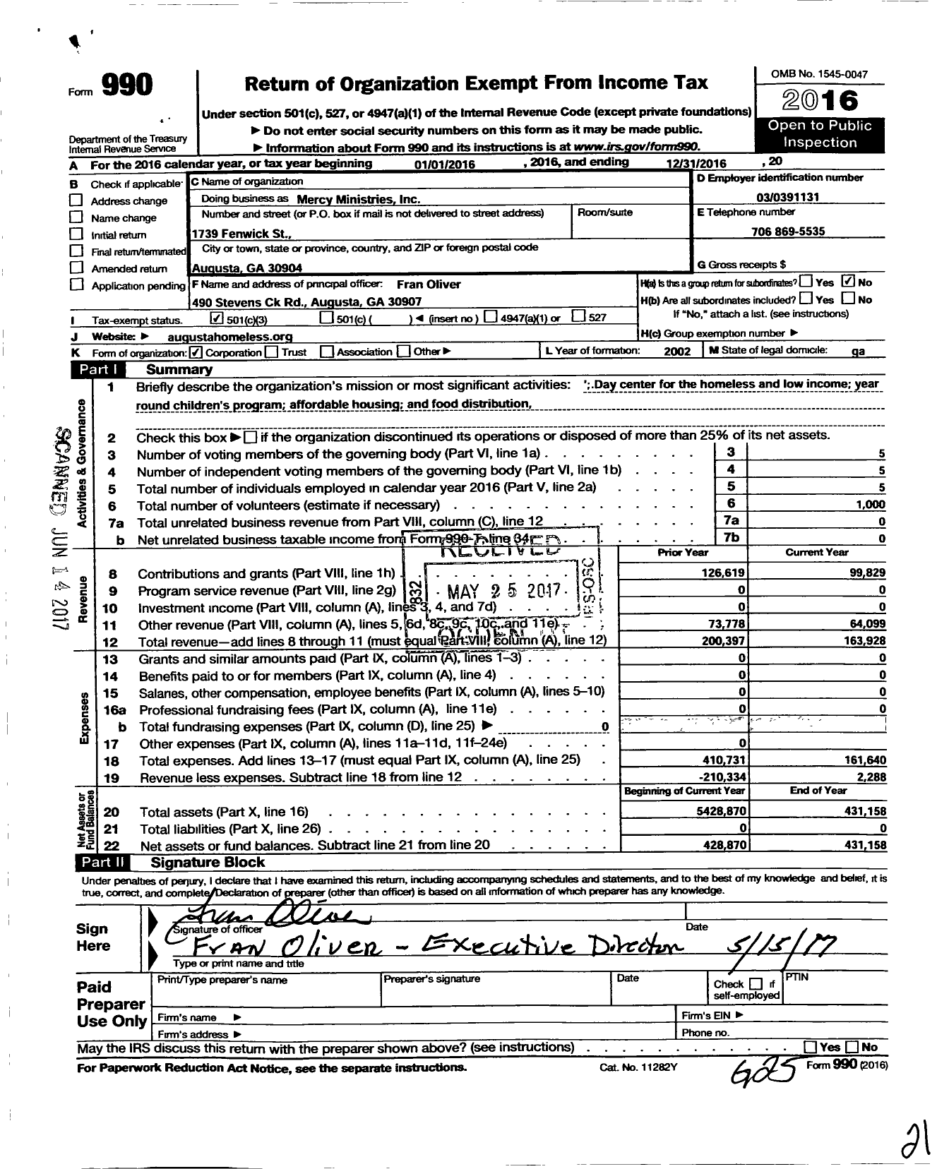 Image of first page of 2016 Form 990 for Mercy Ministries