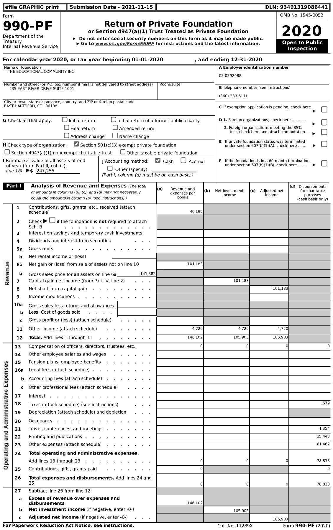 Image of first page of 2020 Form 990PF for The Educational Community