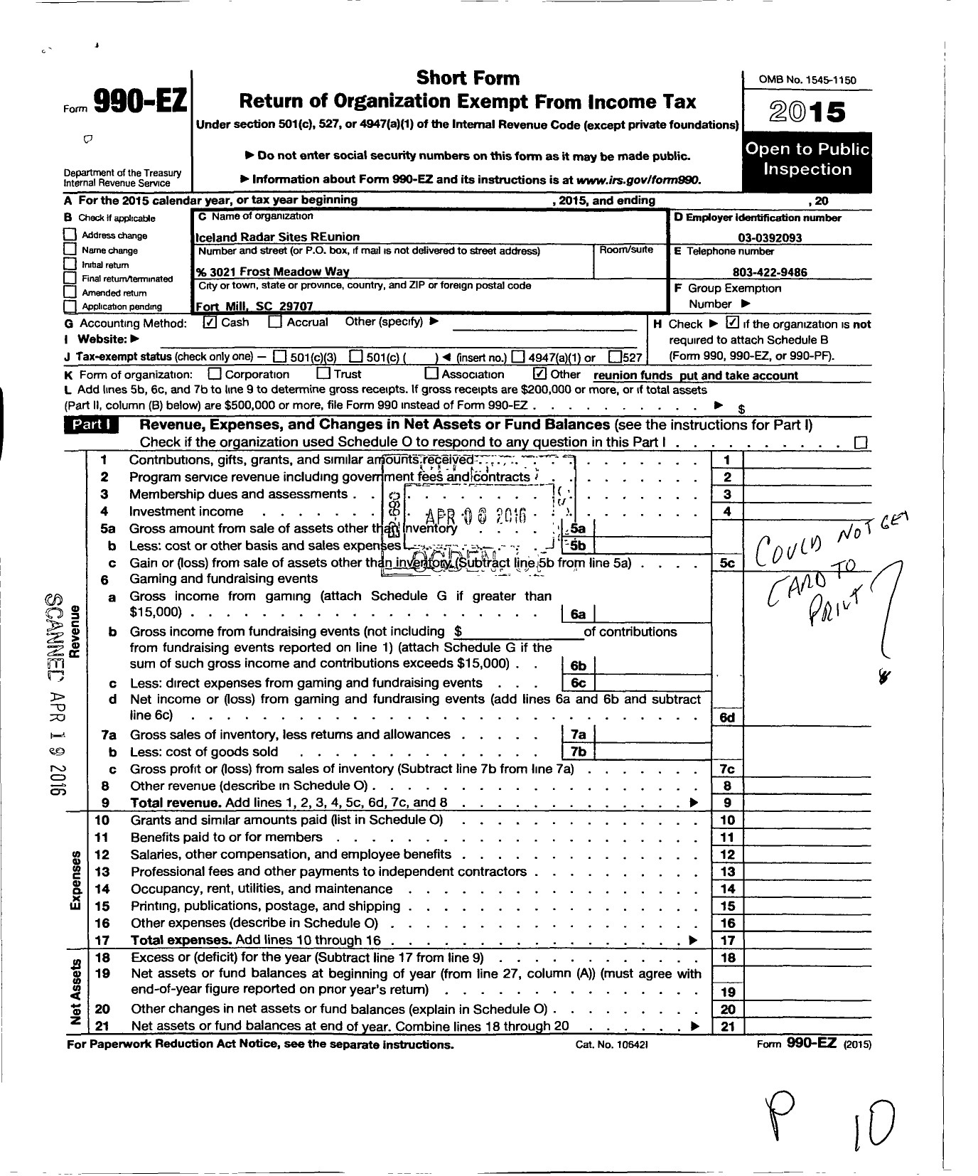 Image of first page of 2015 Form 990EO for Iceland Radar Sites Reunion