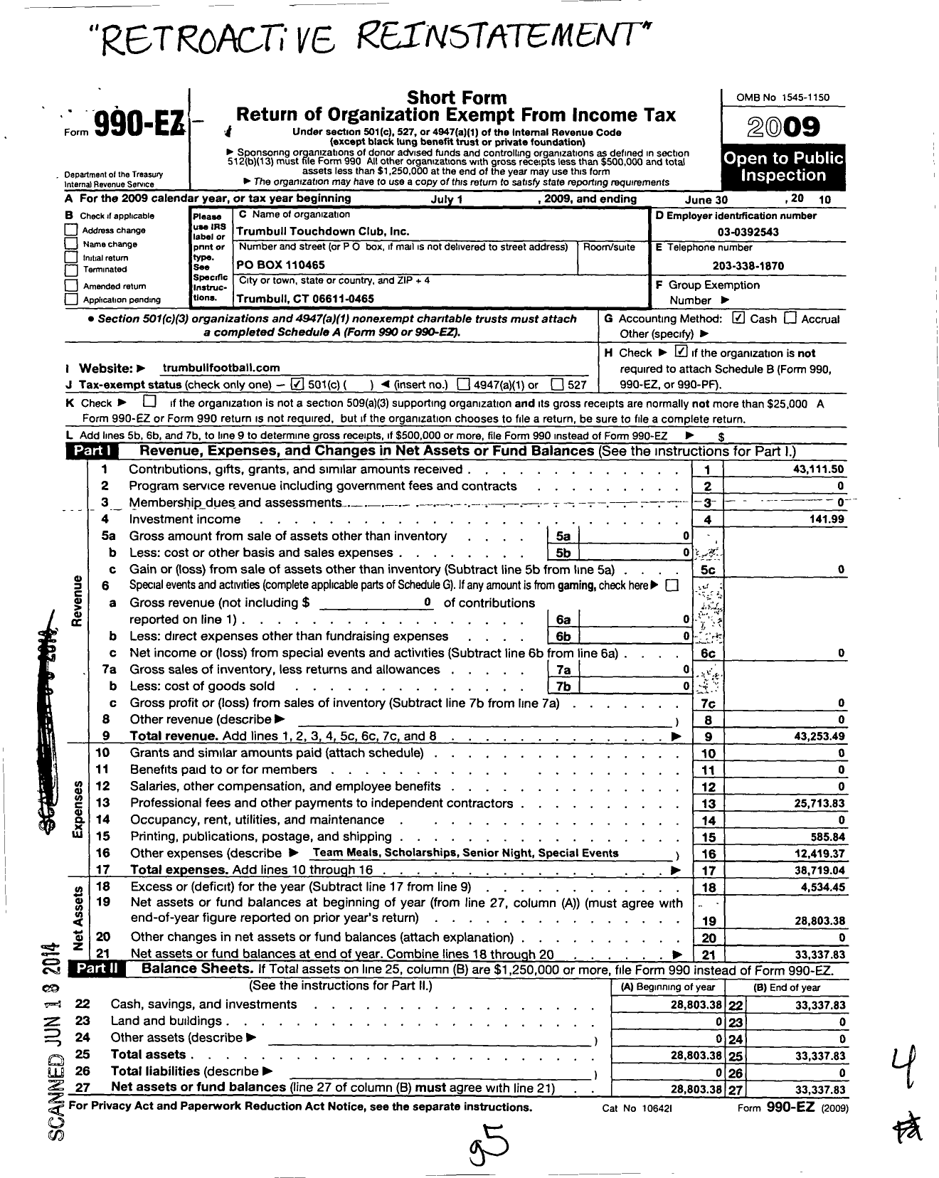 Image of first page of 2009 Form 990EO for Trumbull Touchdown Club