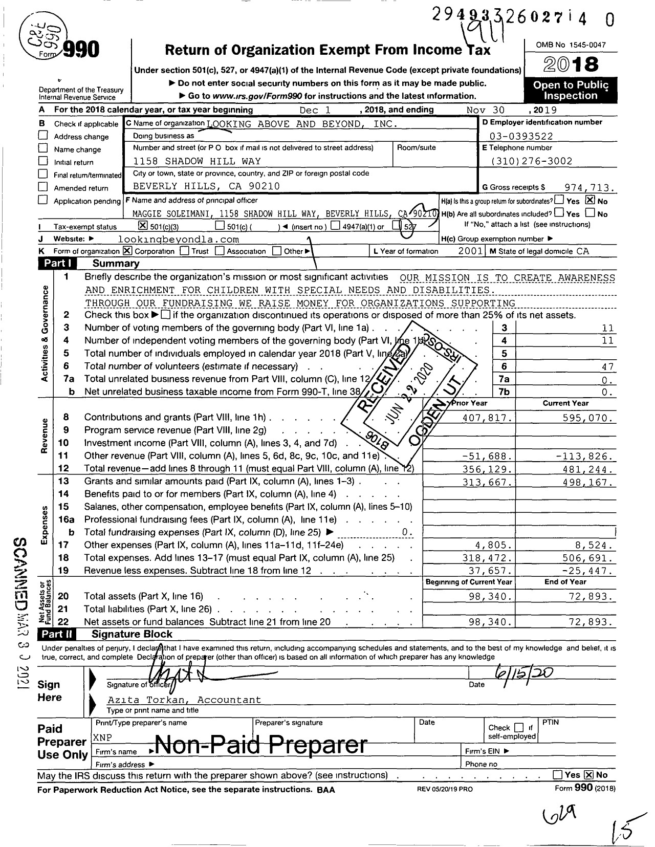 Image of first page of 2018 Form 990 for Looking Above and Beyond