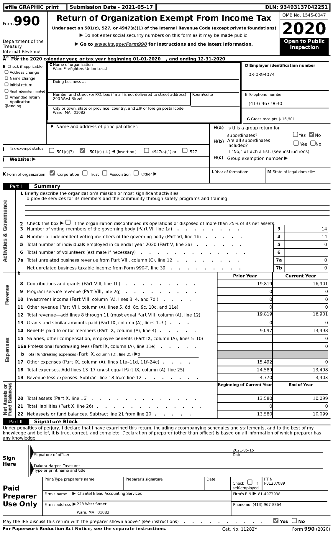 Image of first page of 2020 Form 990 for Ware Firefighters Union Local