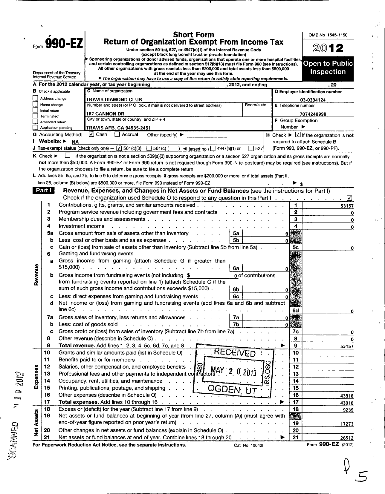 Image of first page of 2012 Form 990EZ for Travis Diamond Club