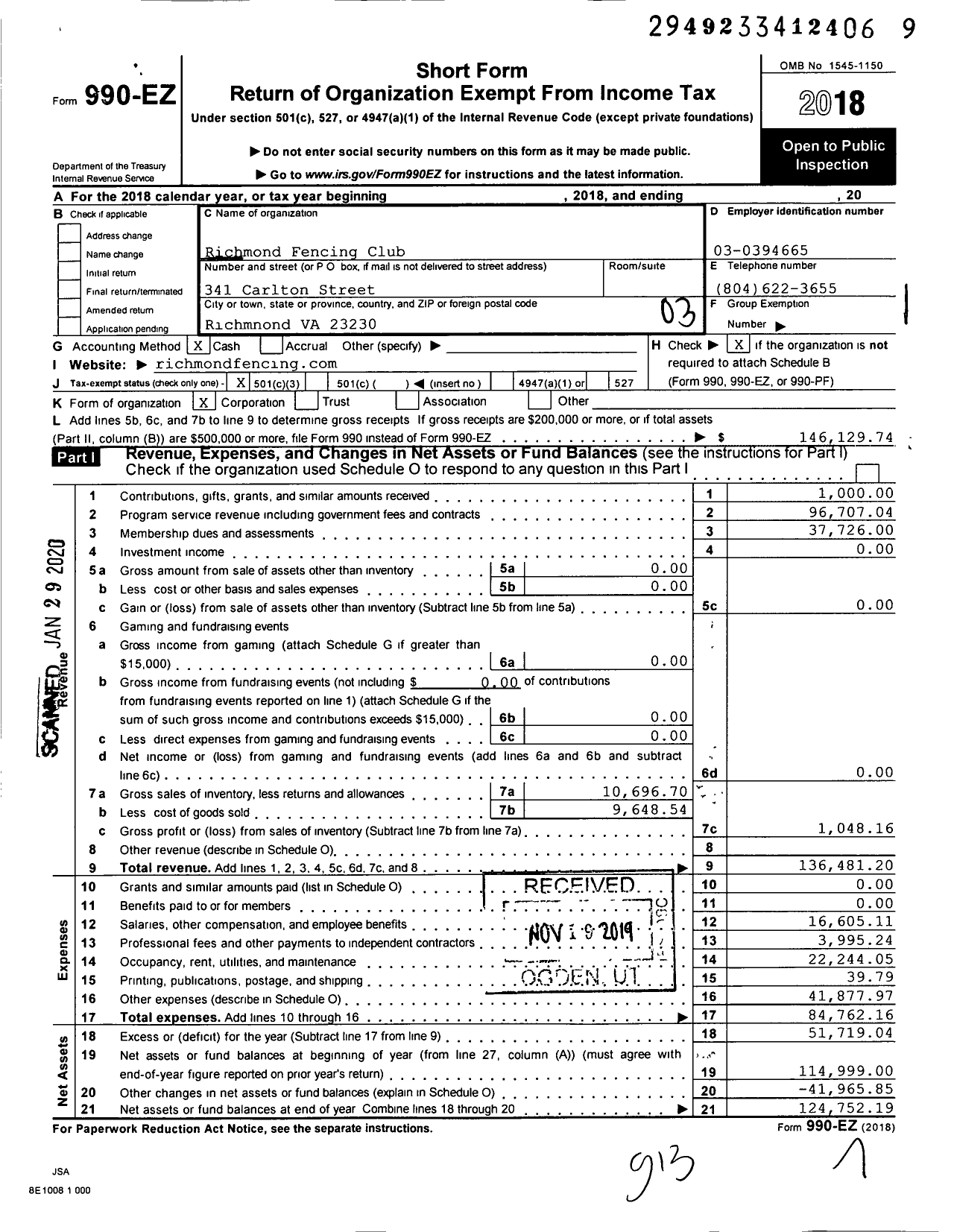 Image of first page of 2018 Form 990EZ for Richmond Fencing Club