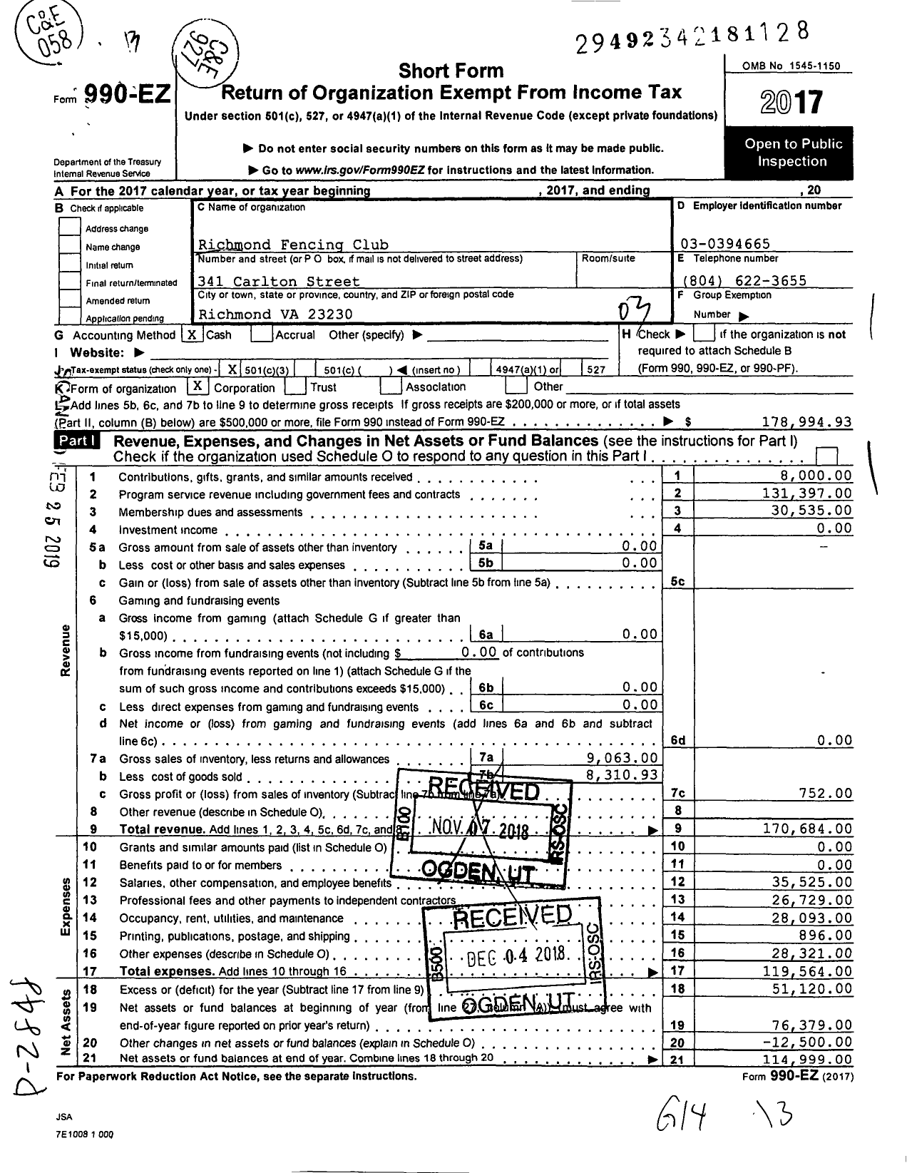 Image of first page of 2017 Form 990EZ for Richmond Fencing Club