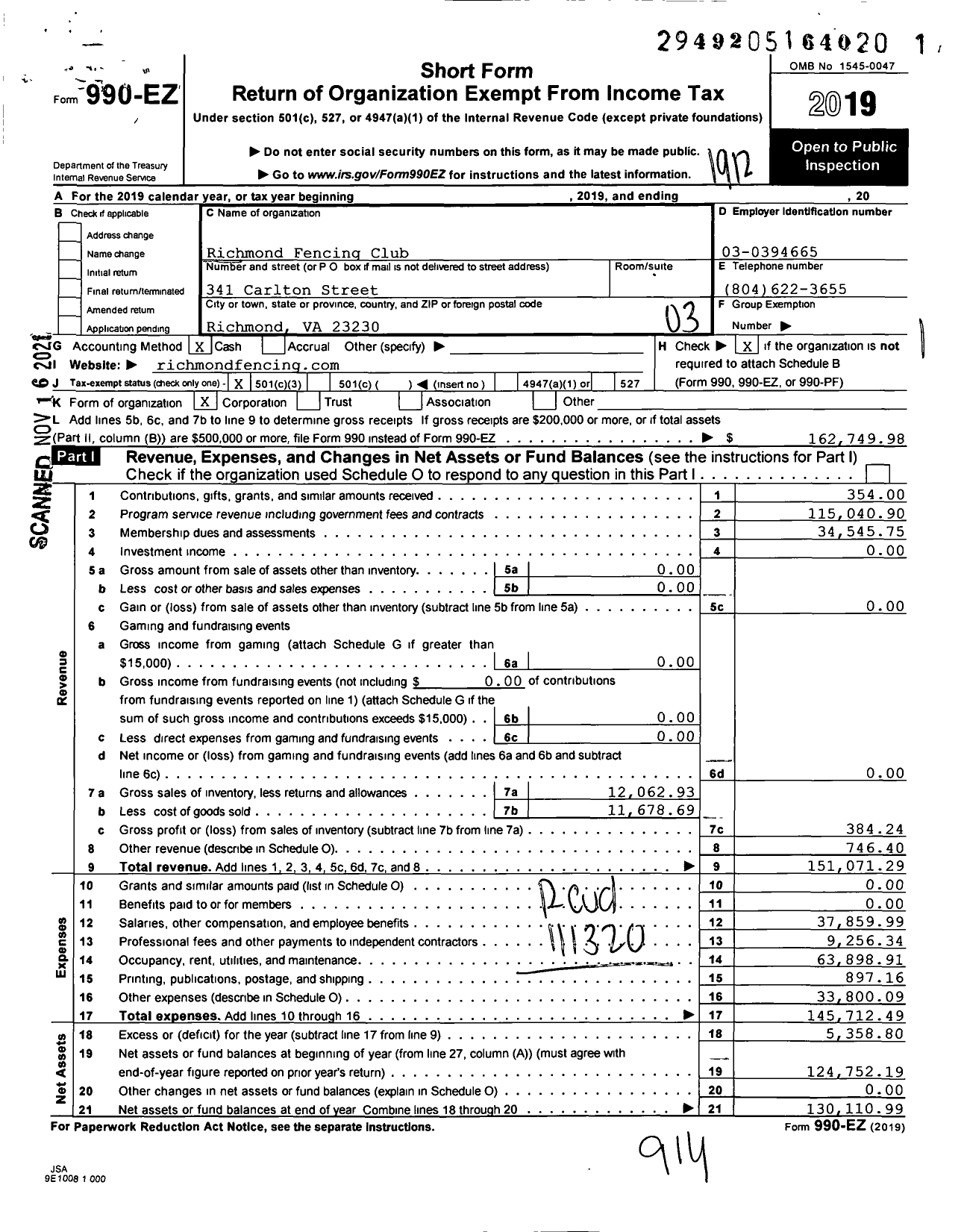 Image of first page of 2019 Form 990EZ for Richmond Fencing Club