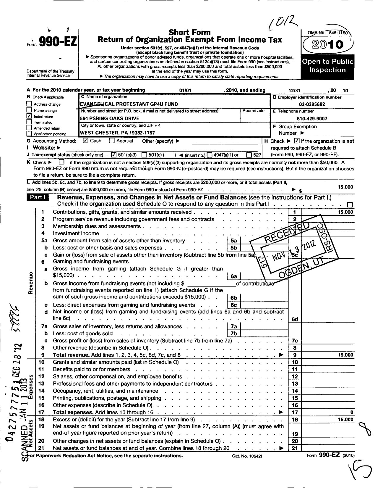 Image of first page of 2010 Form 990EZ for Evangelical Protestant Church Gp4u Fund