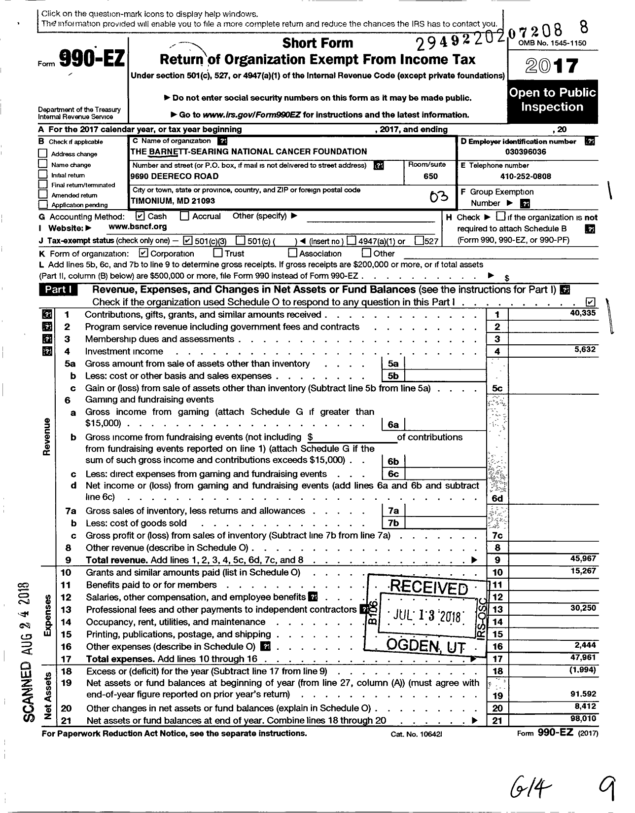 Image of first page of 2017 Form 990EZ for The Barnett-Searing National Cancer Foundation