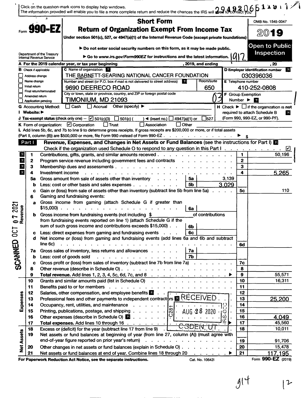 Image of first page of 2019 Form 990EZ for The Barnett-Searing National Cancer Foundation