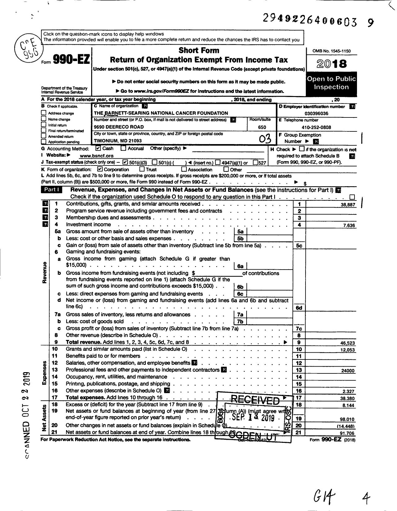 Image of first page of 2018 Form 990EZ for The Barnett-Searing National Cancer Foundation