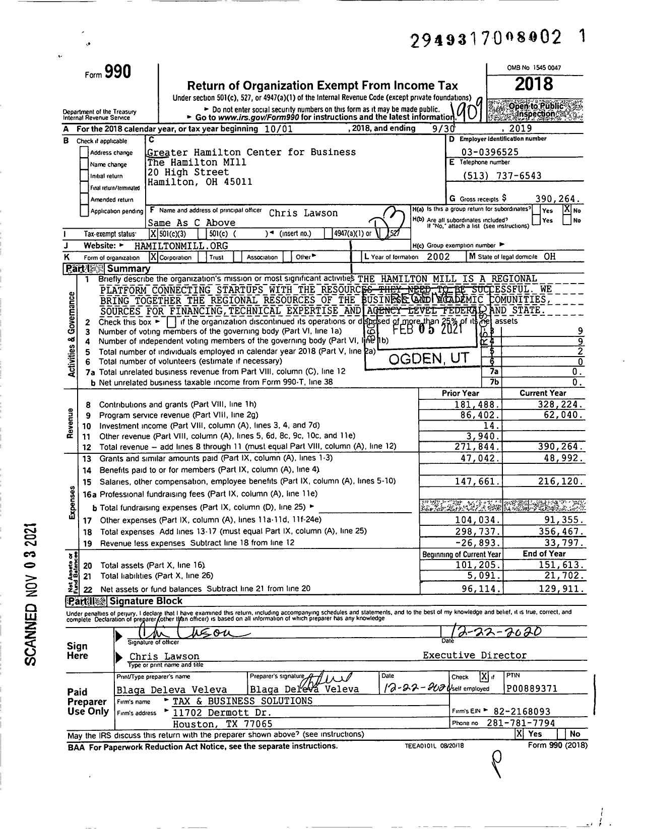 Image of first page of 2018 Form 990 for Greater Hamilton Center for Business