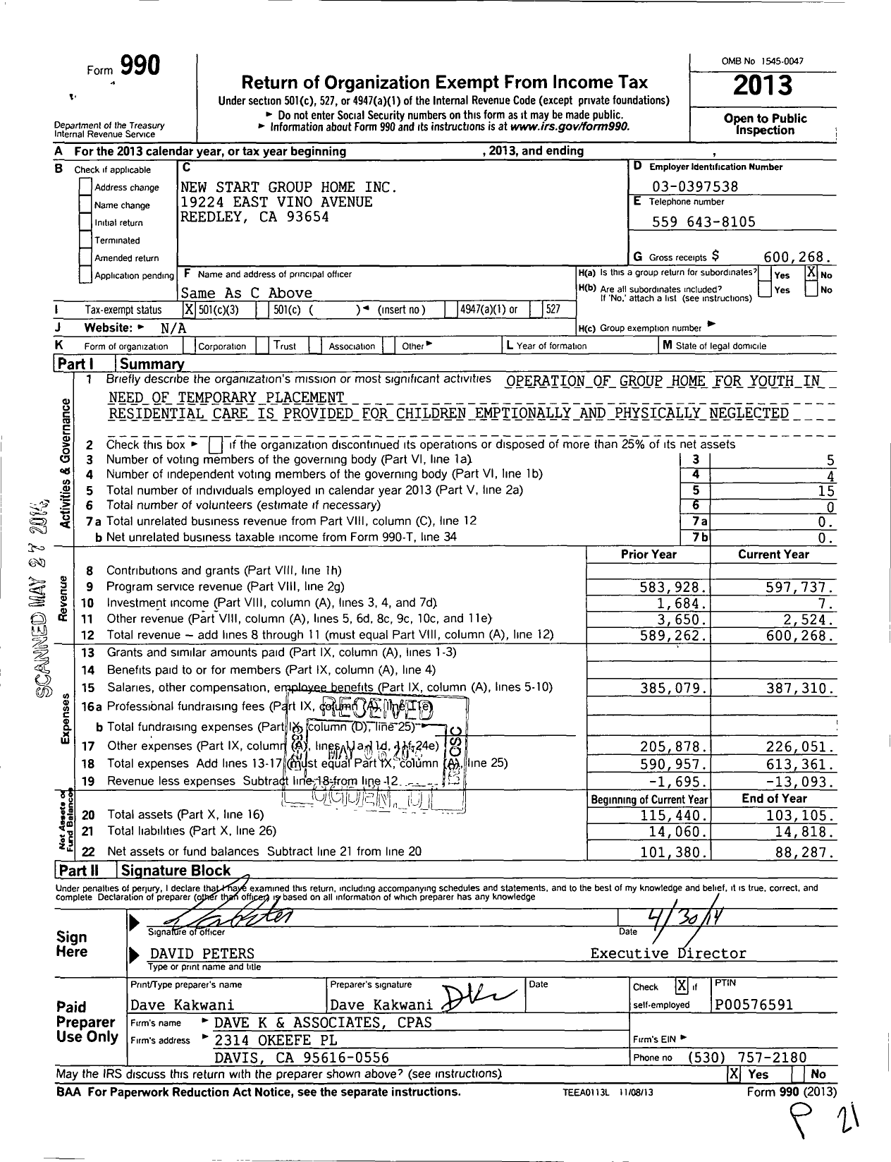 Image of first page of 2013 Form 990 for New Start Group Home