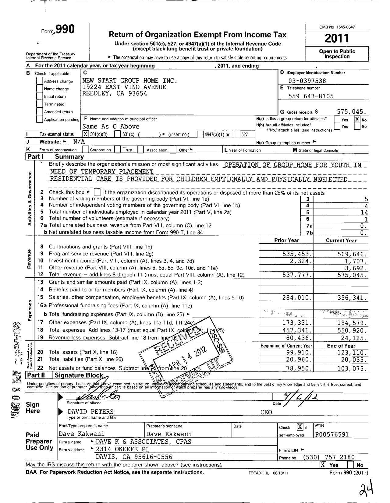 Image of first page of 2011 Form 990 for New Start Group Home
