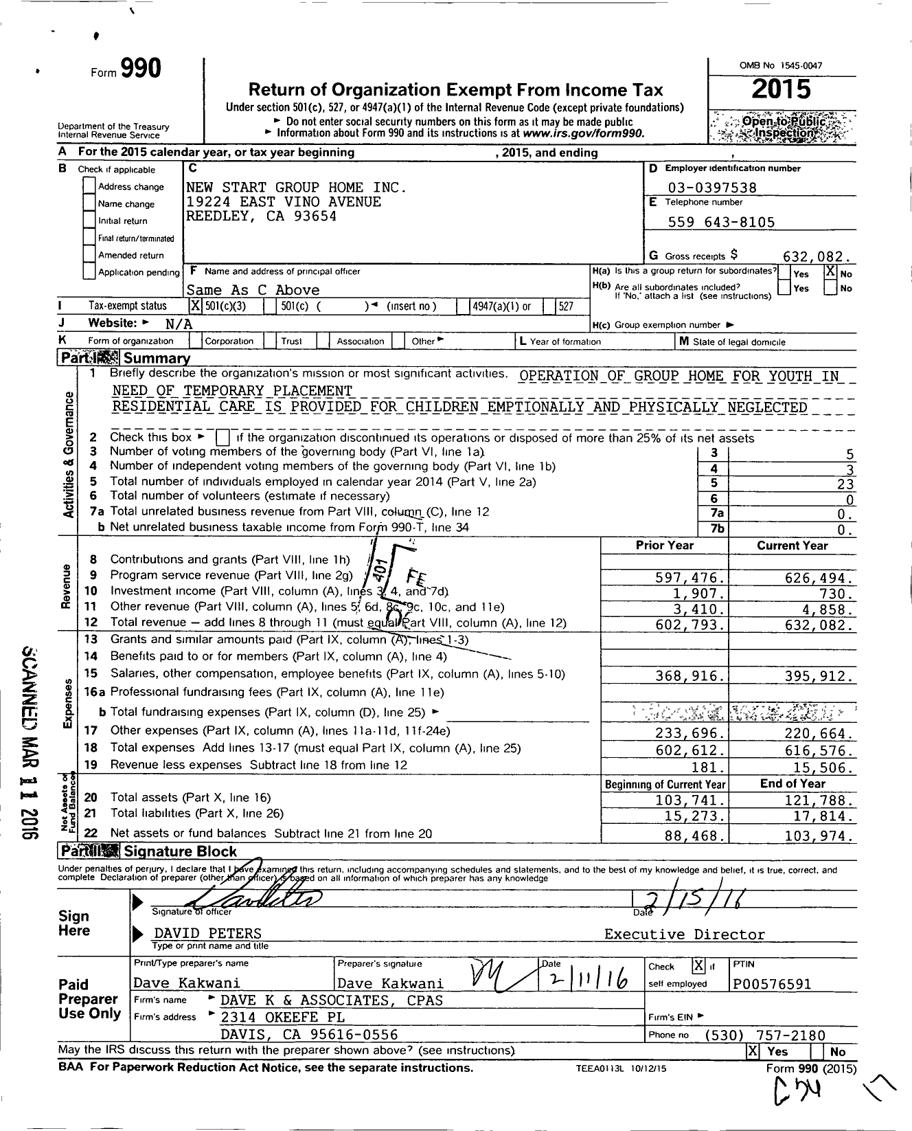 Image of first page of 2015 Form 990 for New Start Group Home