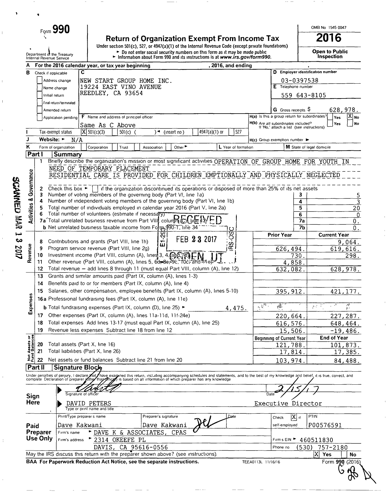Image of first page of 2016 Form 990 for New Start Group Home
