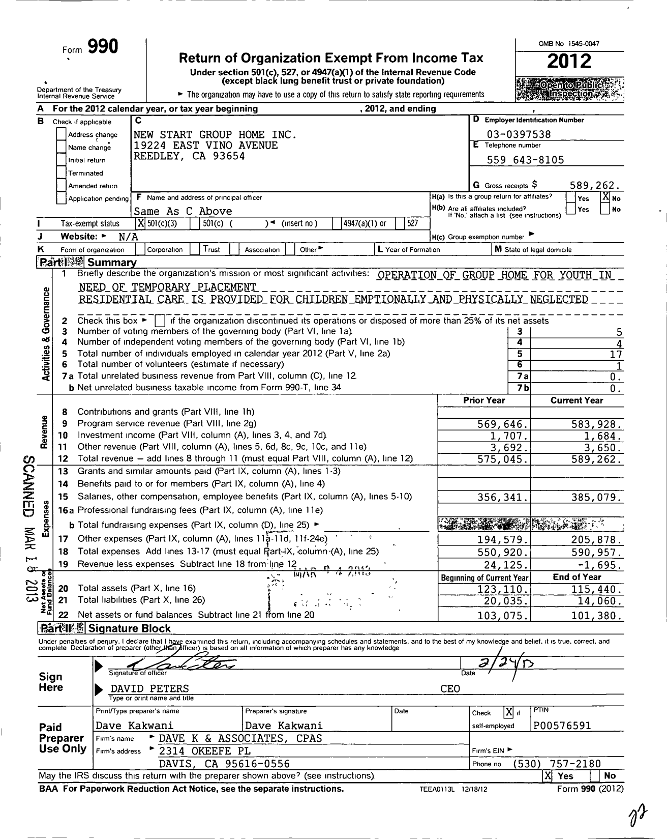 Image of first page of 2012 Form 990 for New Start Group Home