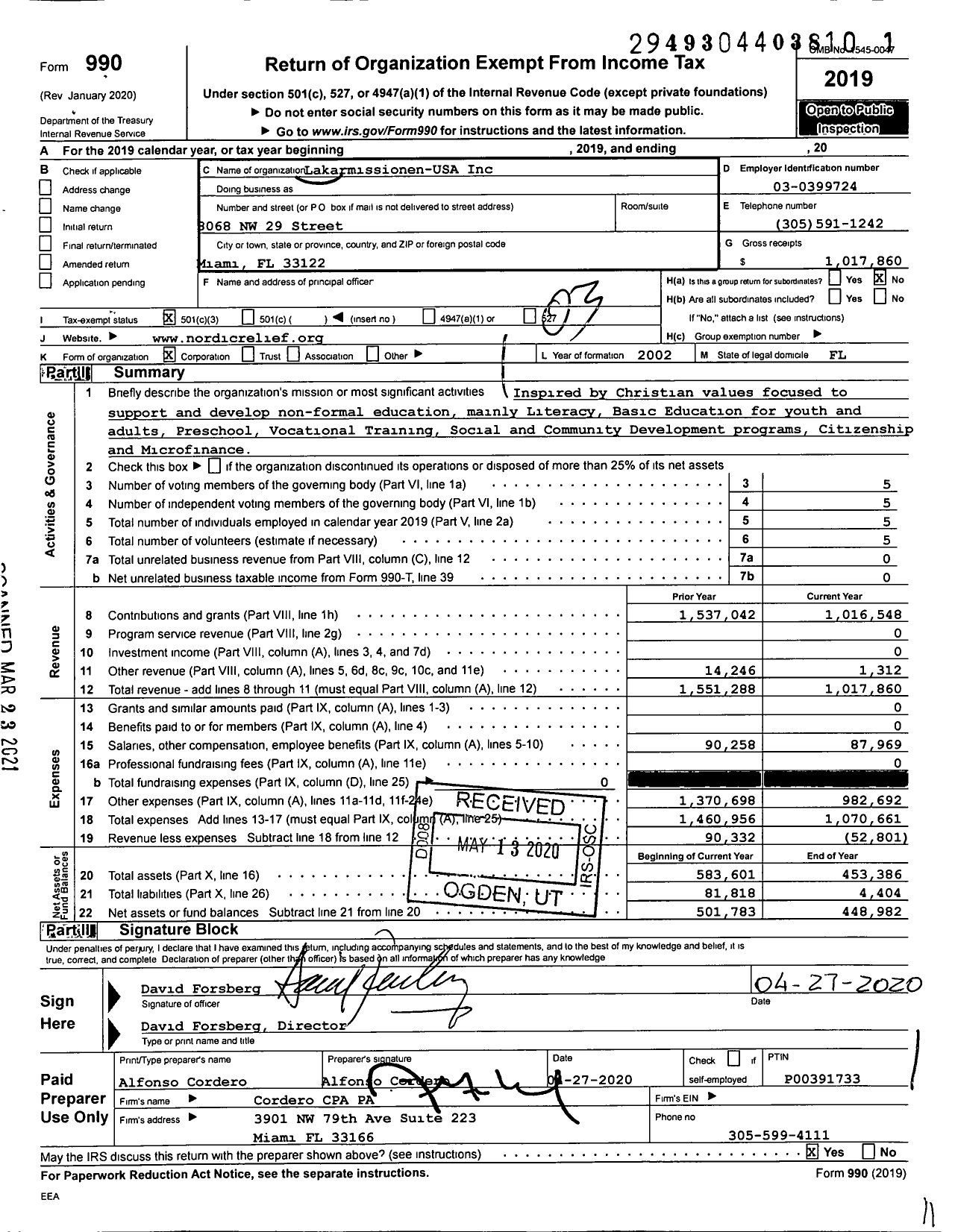 Image of first page of 2019 Form 990 for Lakarmissionen USA