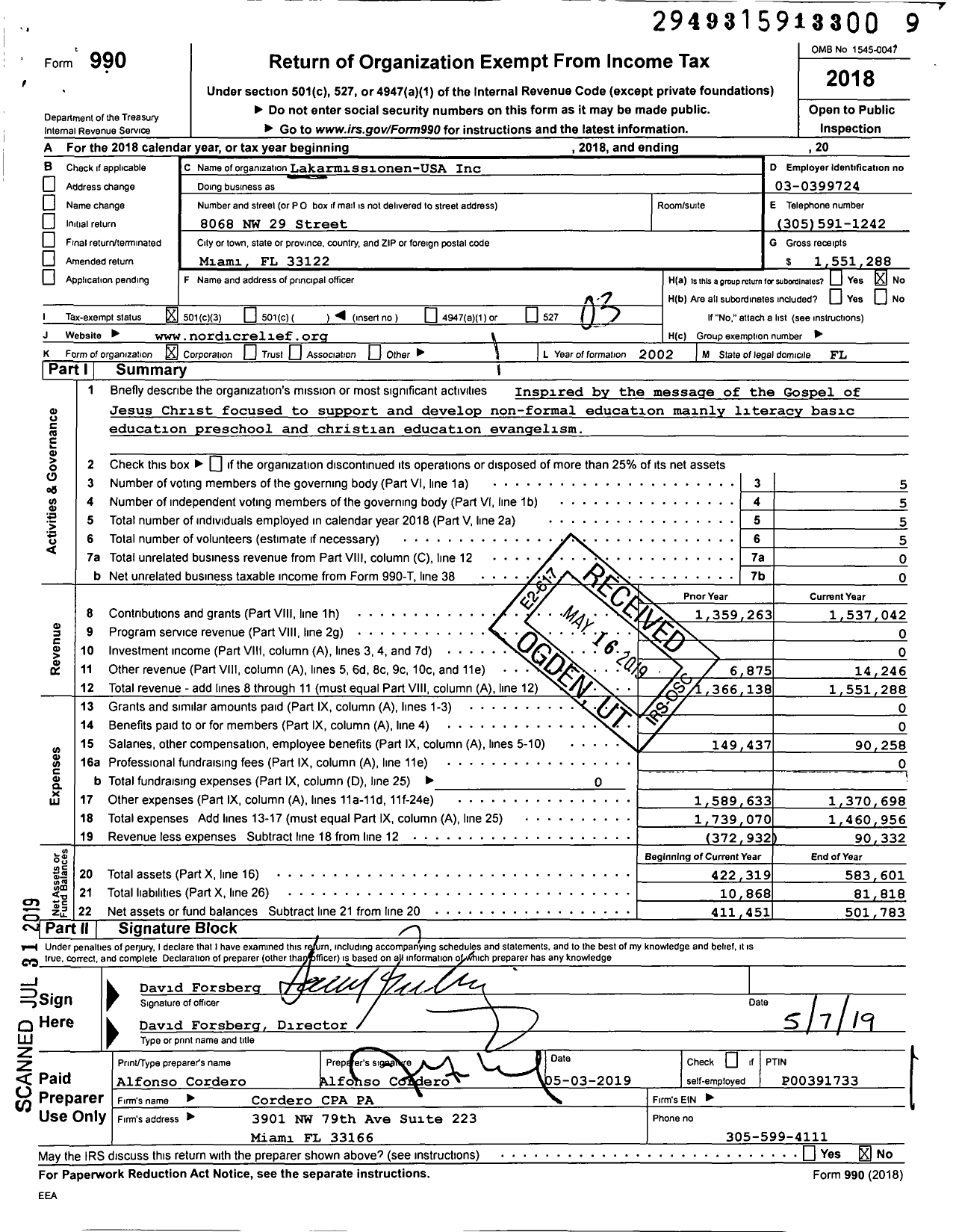 Image of first page of 2018 Form 990 for Lakarmissionen USA
