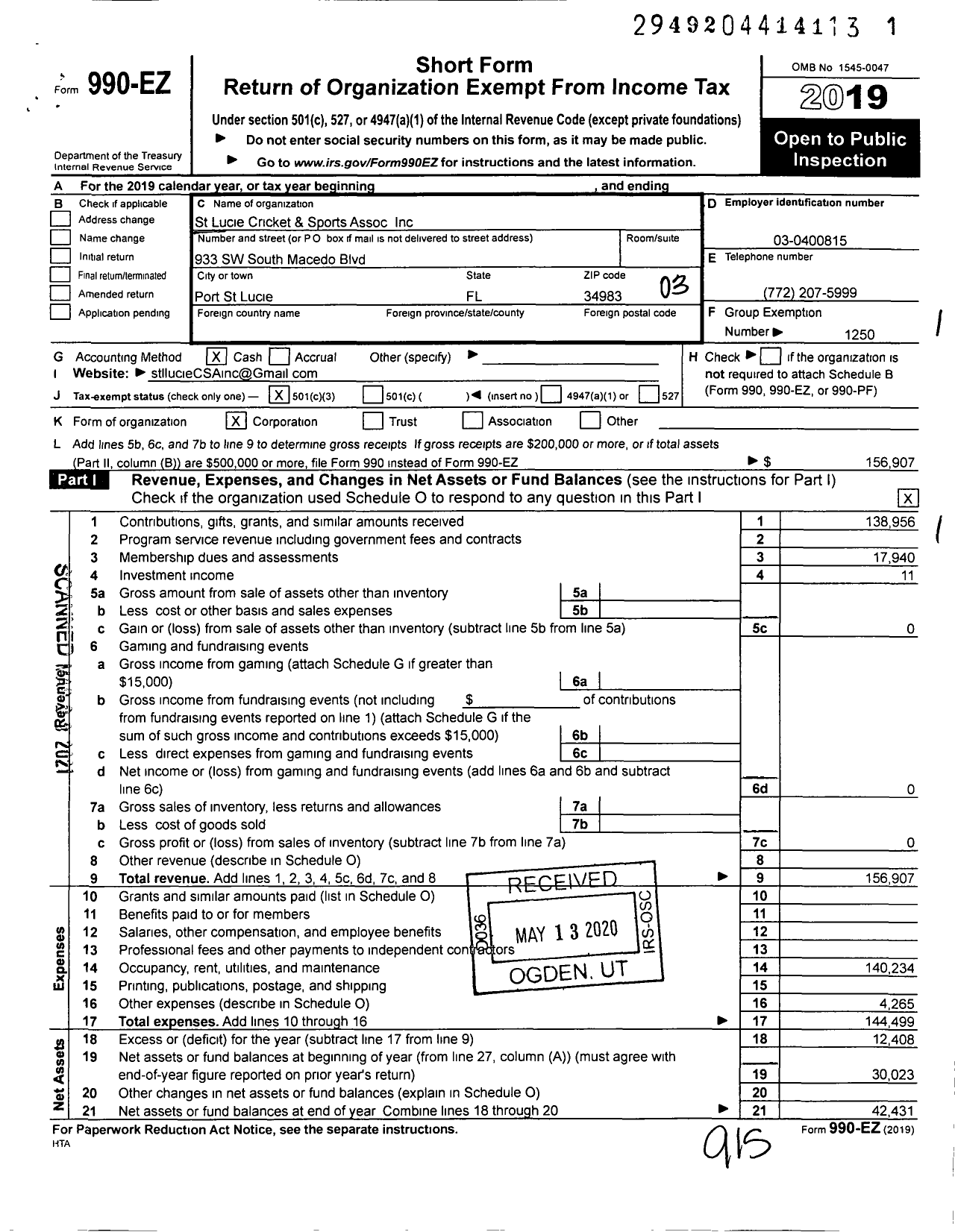 Image of first page of 2019 Form 990EZ for St Lucie Criket and Sports Association