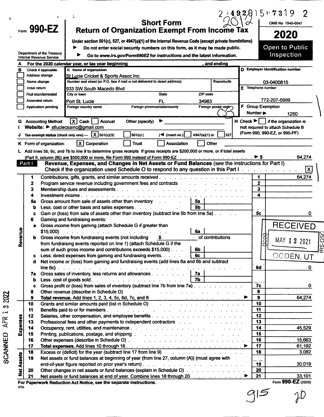 Image of first page of 2020 Form 990EZ for St Lucie Criket and Sports Association