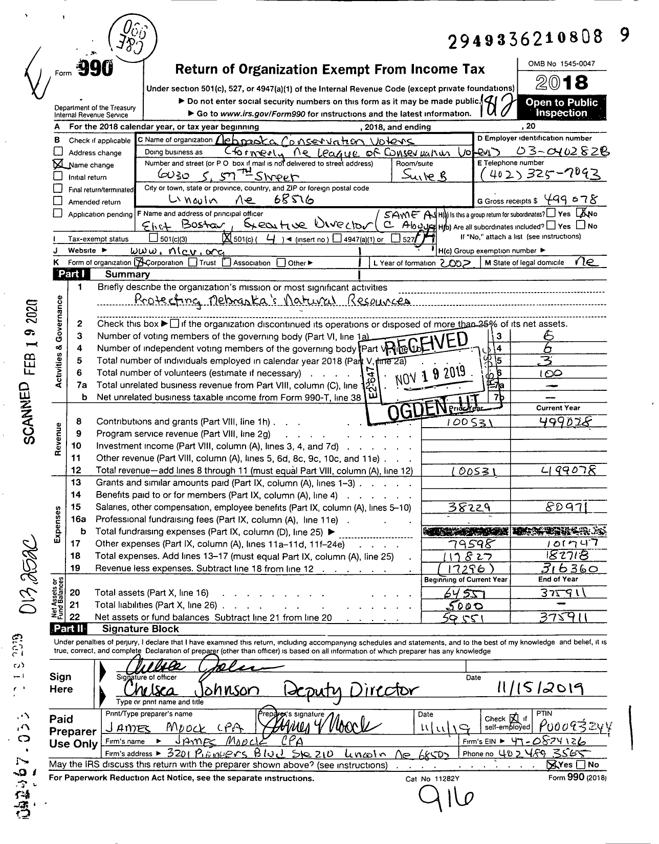 Image of first page of 2018 Form 990O for Nebraska Conservation Voters