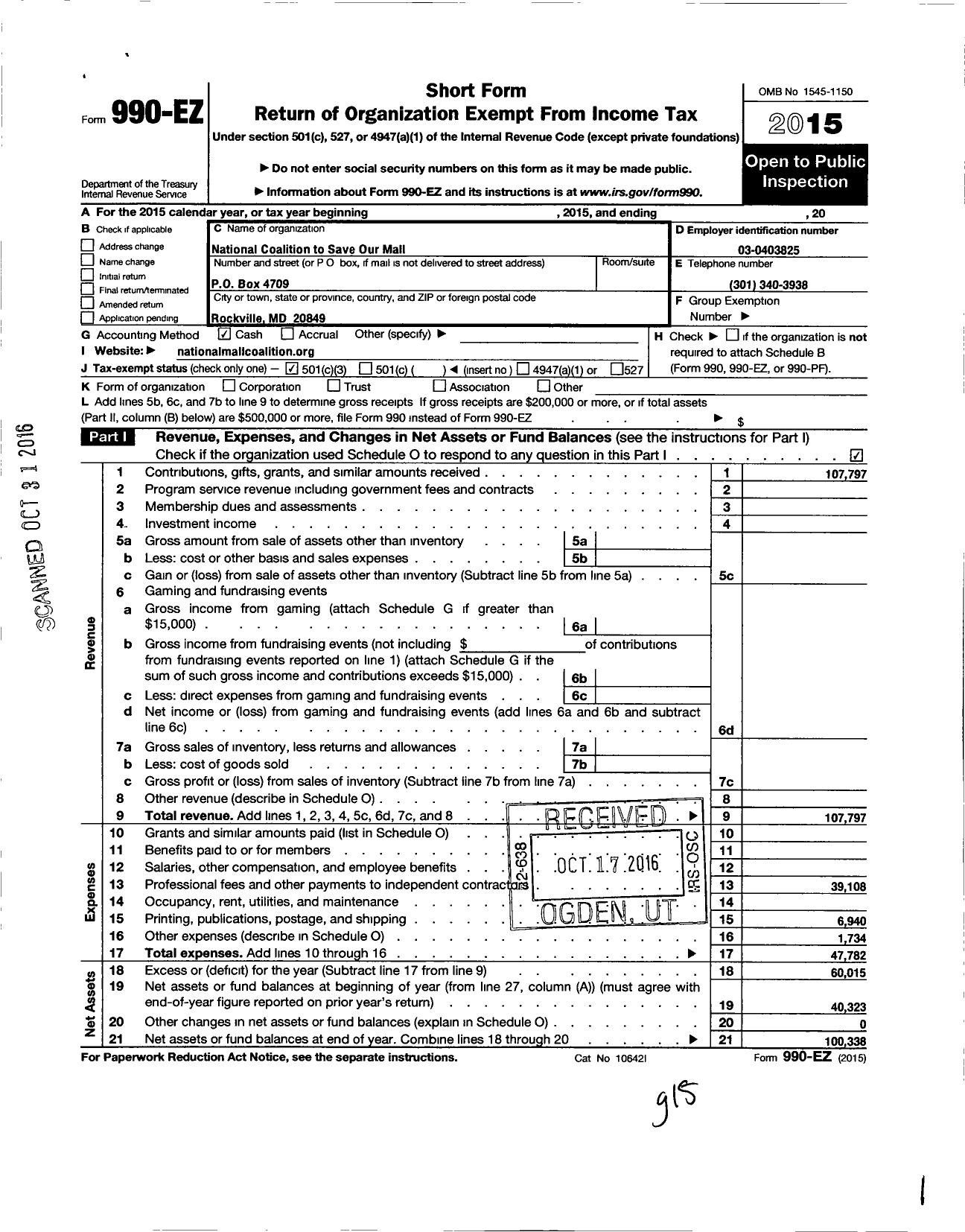 Image of first page of 2015 Form 990EZ for National Mall Coalition