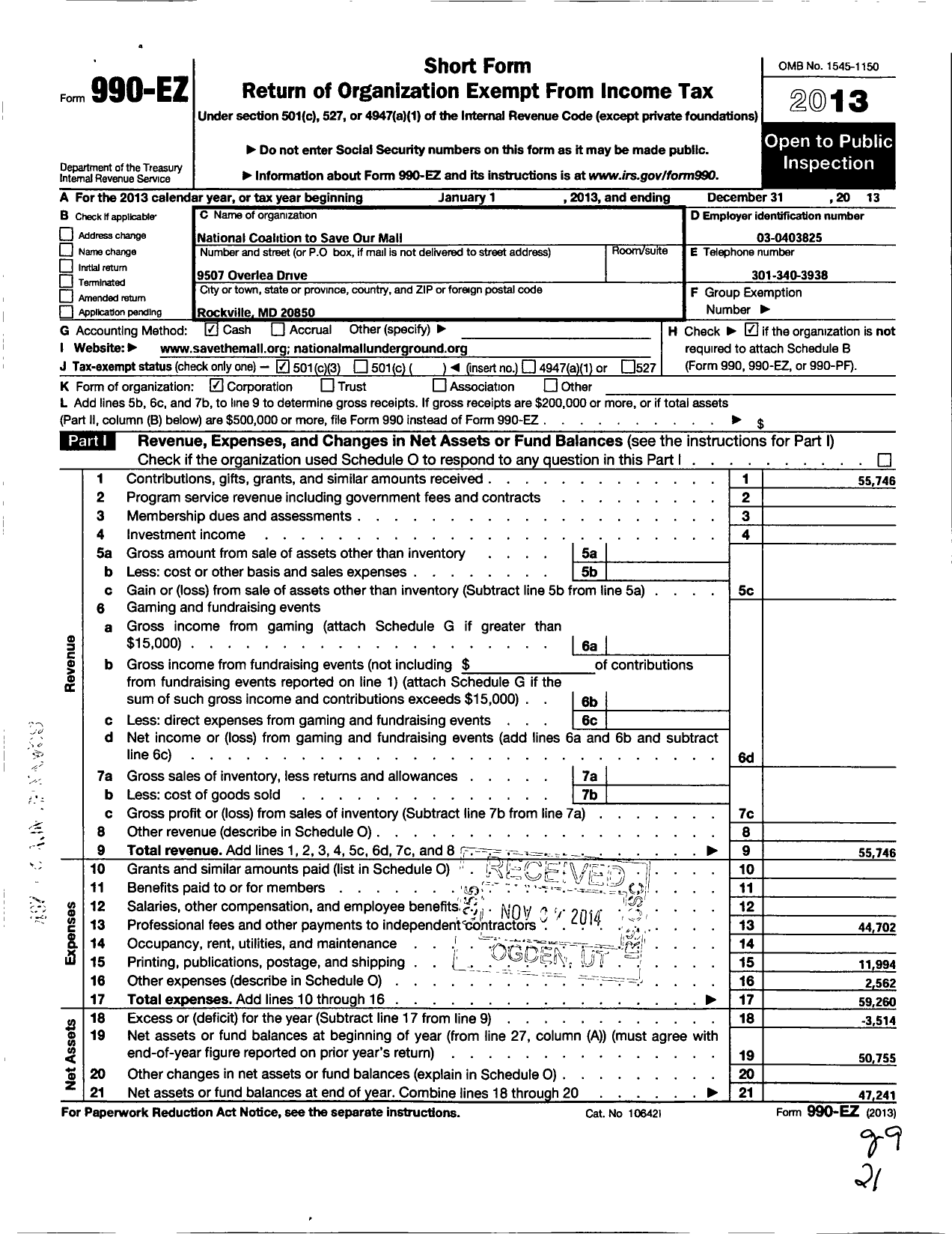 Image of first page of 2013 Form 990EZ for National Mall Coalition