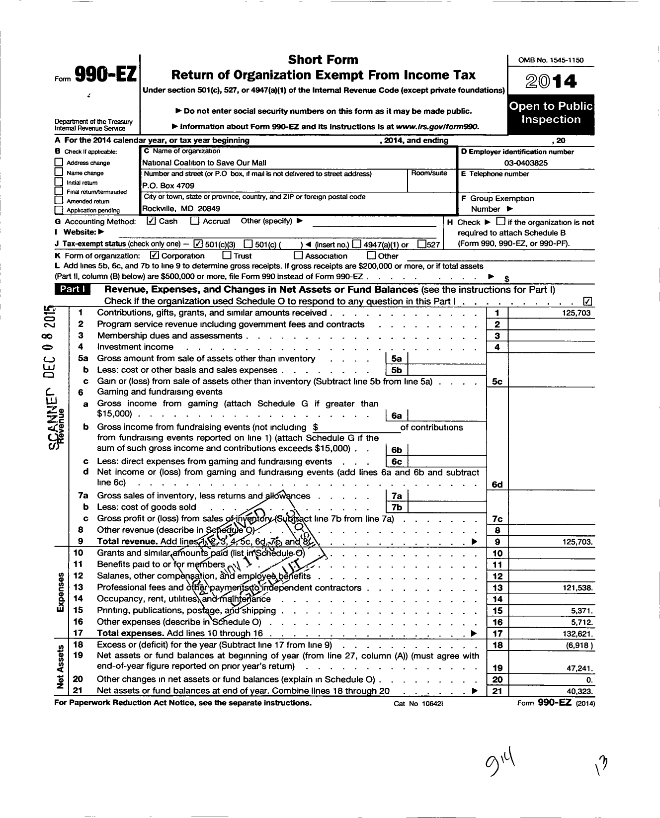 Image of first page of 2014 Form 990EZ for National Mall Coalition