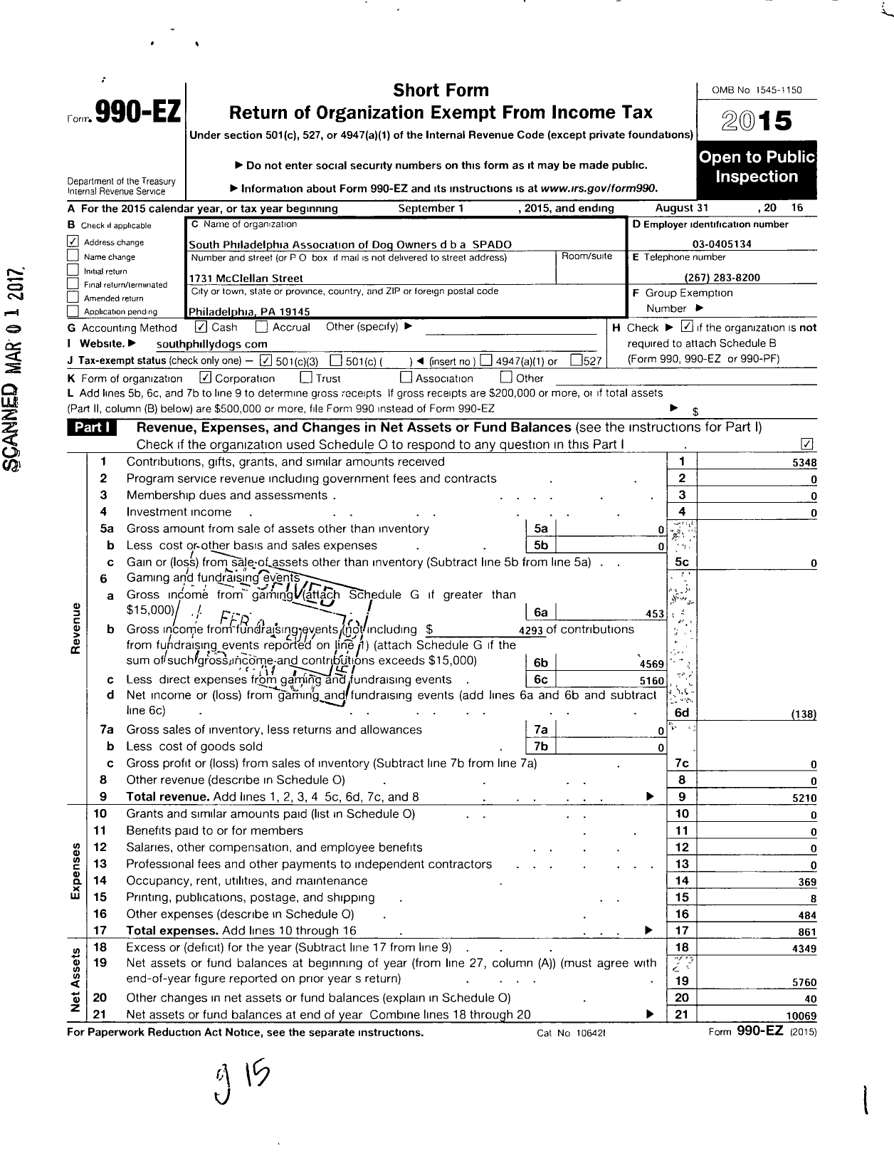 Image of first page of 2015 Form 990EZ for South Philadelphia Association of Dog Owners