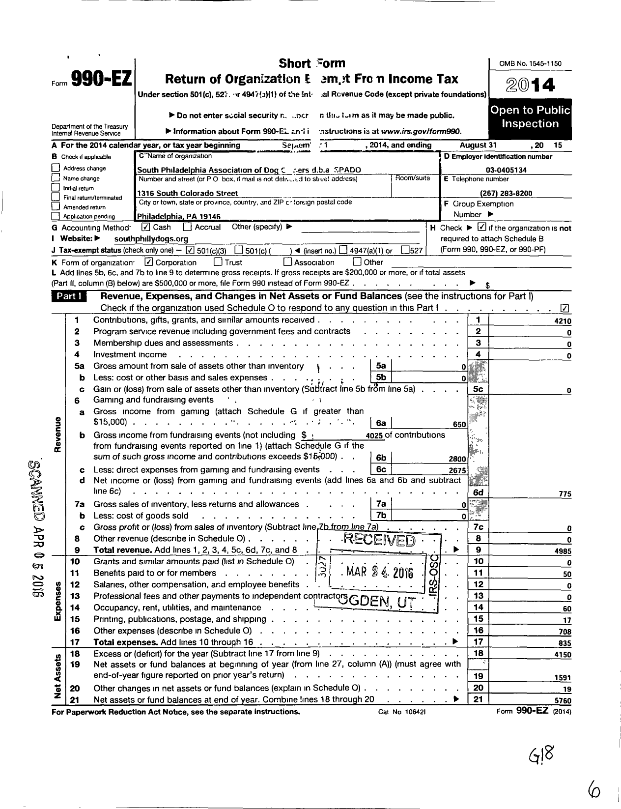 Image of first page of 2014 Form 990EZ for South Philadelphia Association of Dog Owners