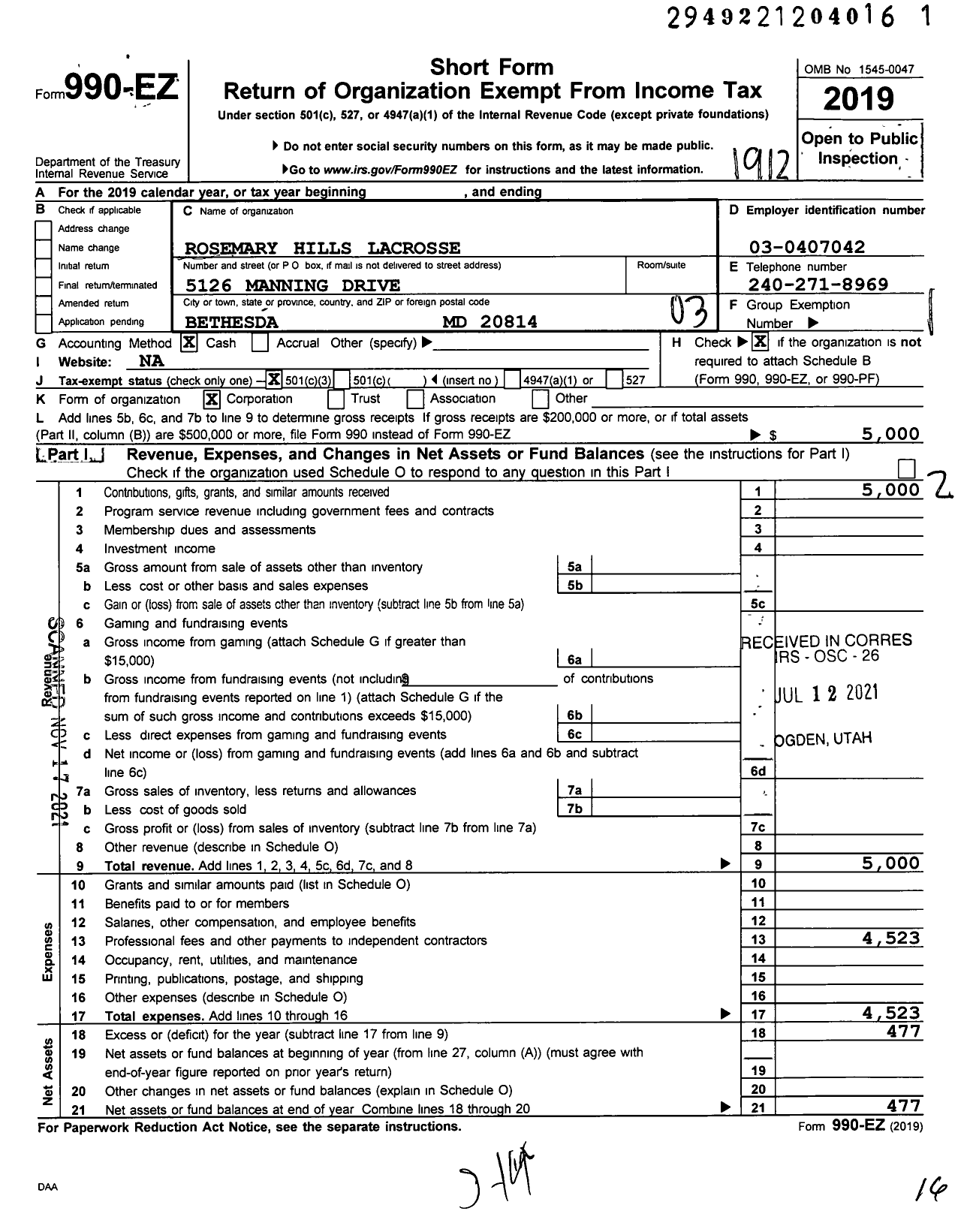 Image of first page of 2019 Form 990EZ for Rosemary Hills Lacrosse