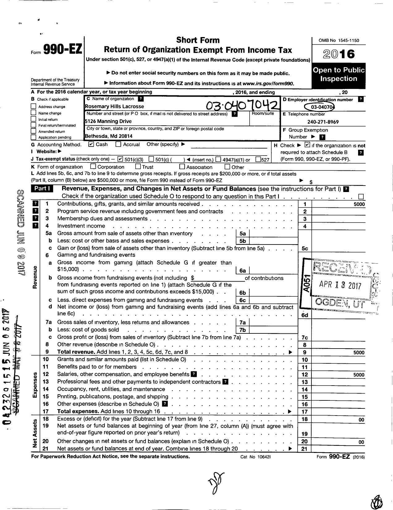 Image of first page of 2016 Form 990EZ for Rosemary Hills Lacrosse