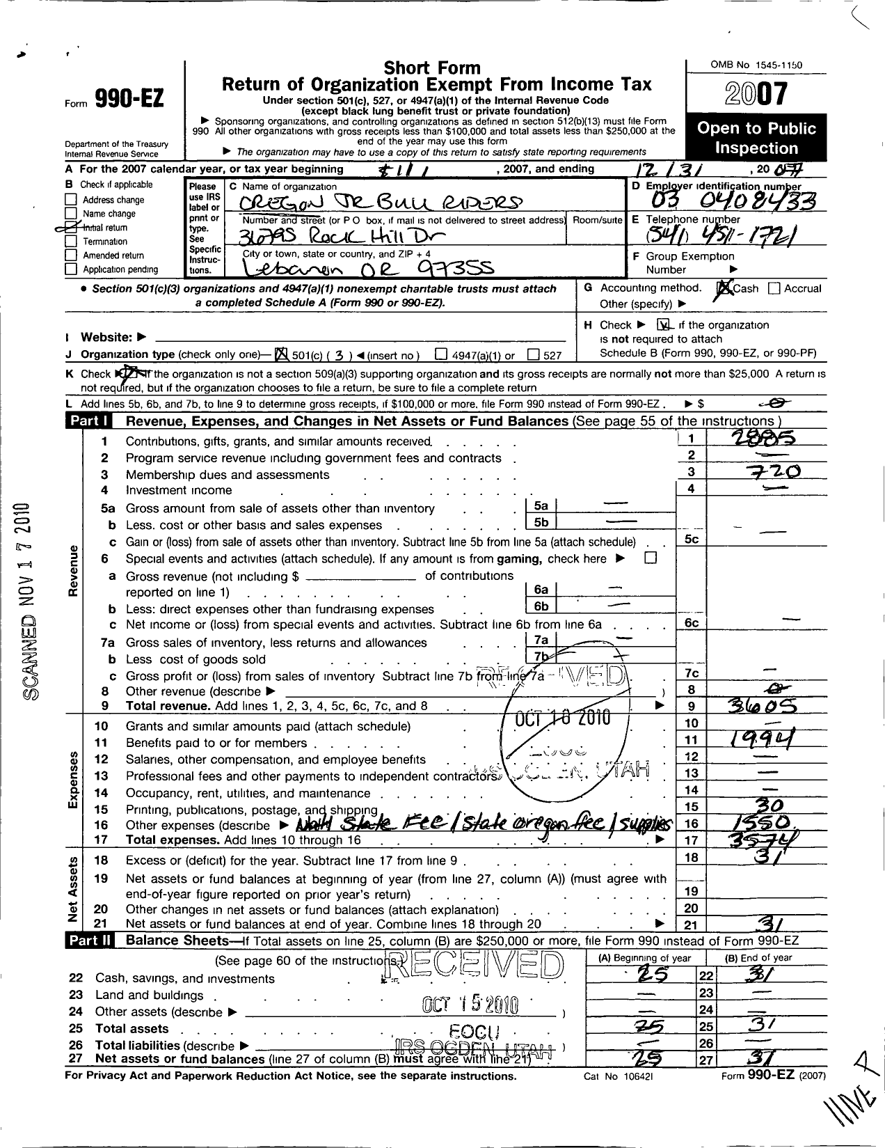 Image of first page of 2007 Form 990EZ for Oregon Junior Bull Riders Association