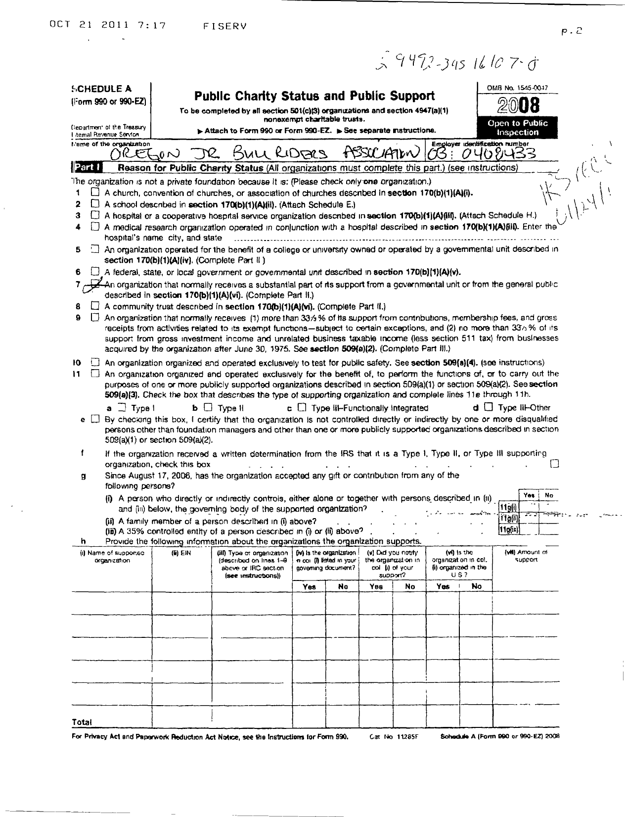 Image of first page of 2008 Form 990ER for Oregon Junior Bull Riders Association