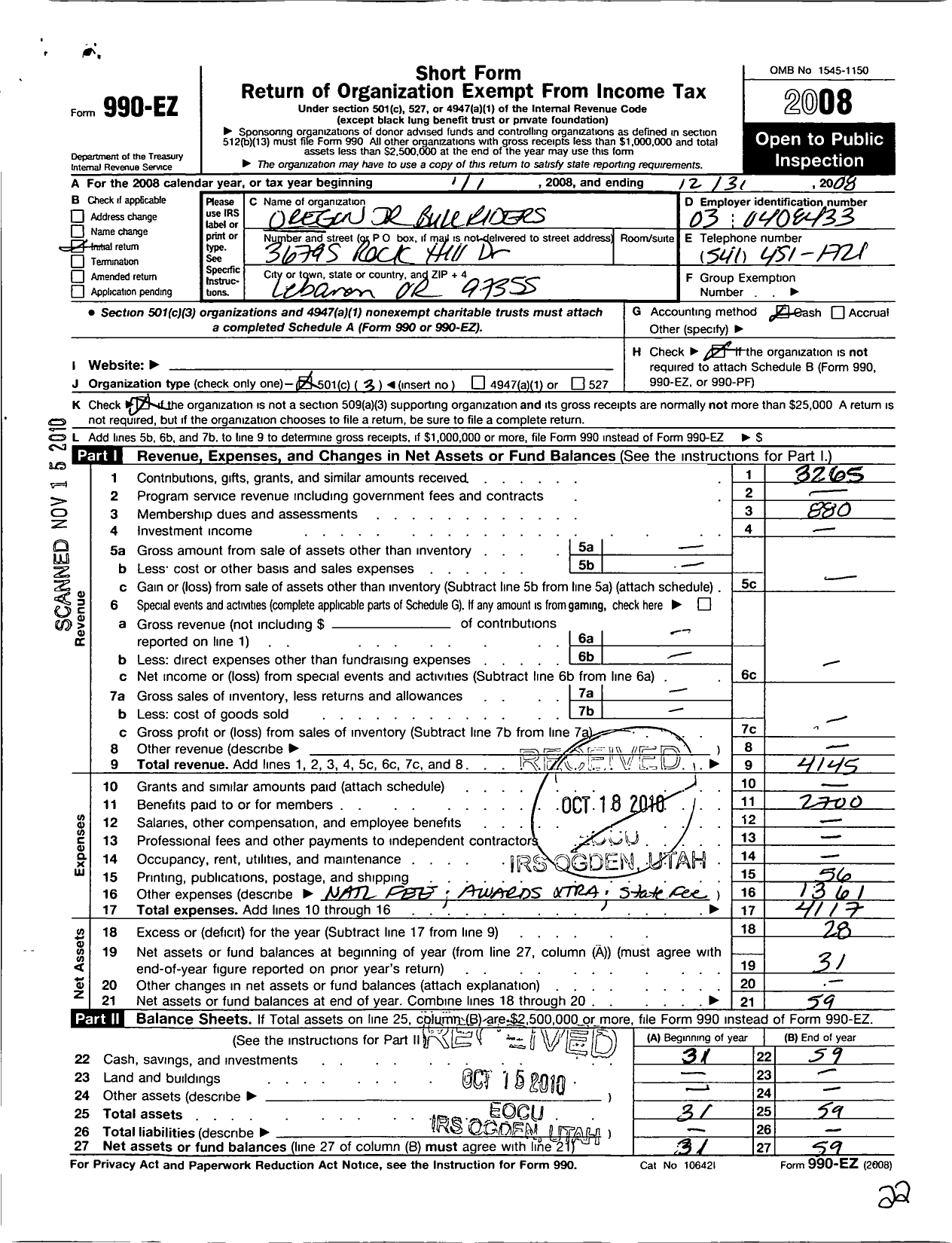 Image of first page of 2008 Form 990EZ for Oregon Junior Bull Riders Association