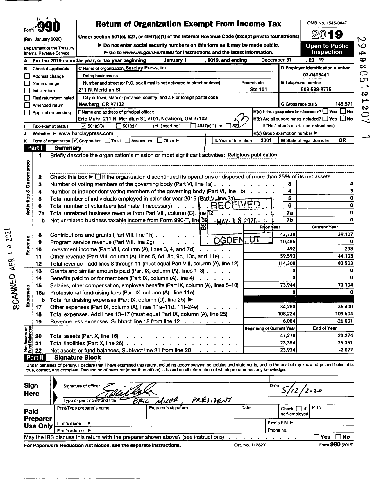 Image of first page of 2019 Form 990 for Barclay Press