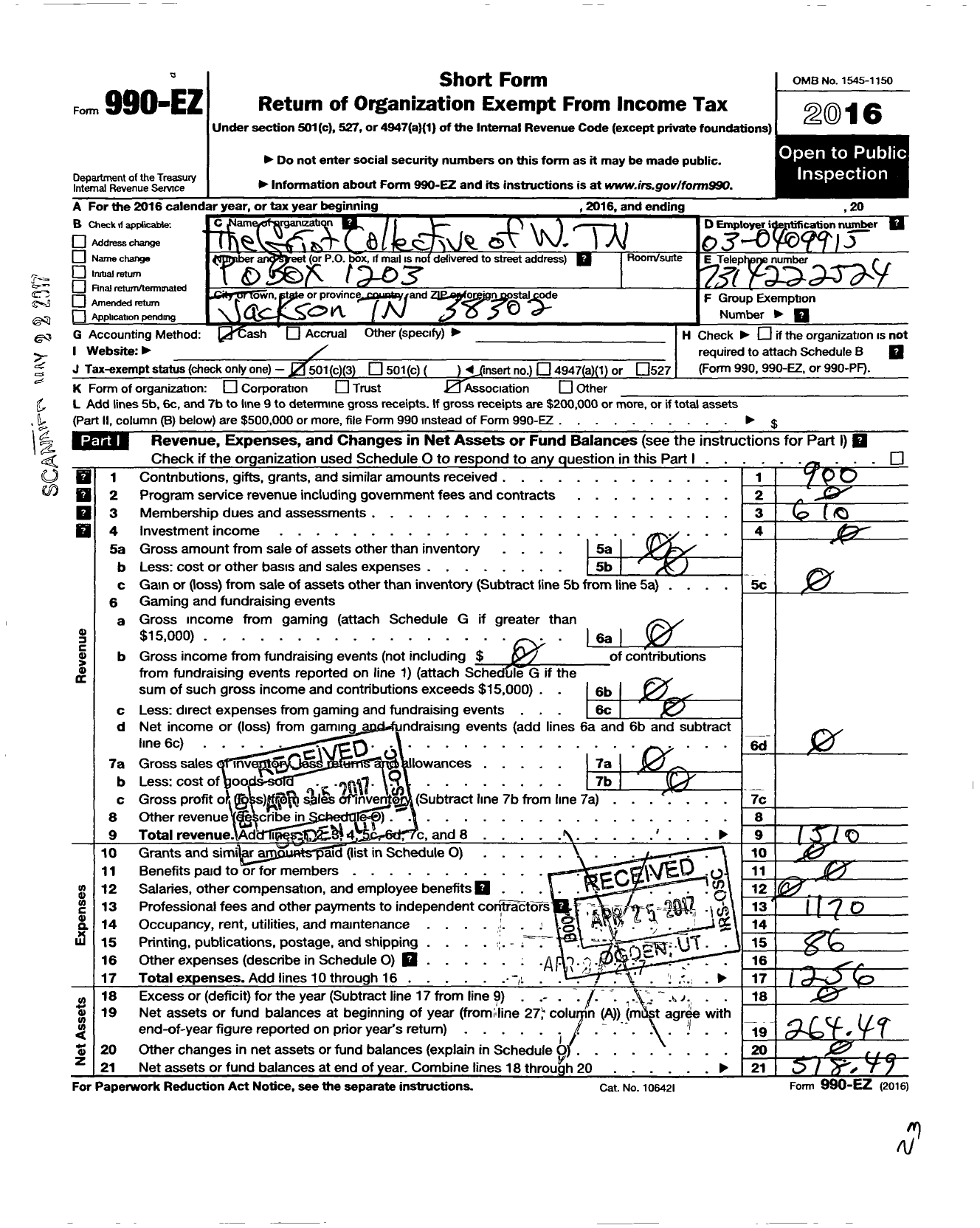 Image of first page of 2016 Form 990EZ for The Griot Collective of West Tennessee