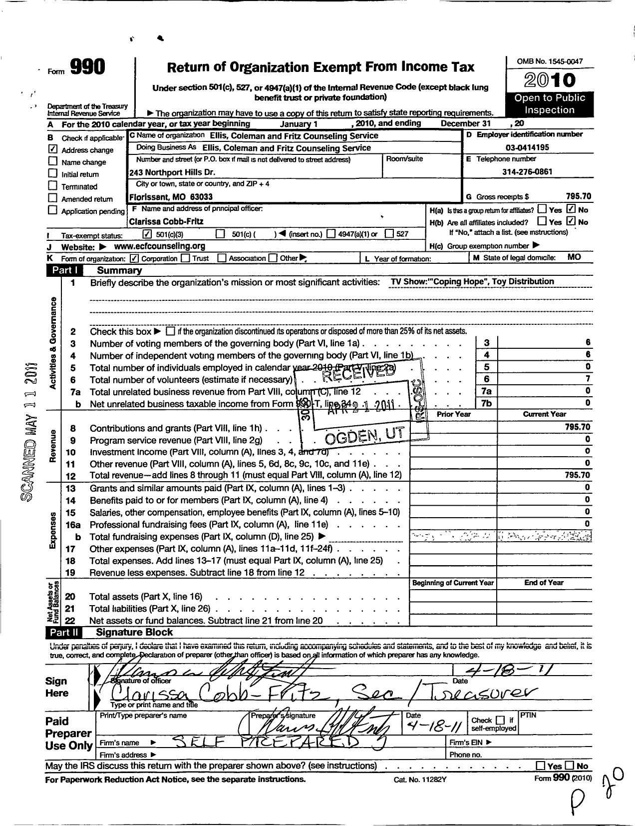 Image of first page of 2010 Form 990 for Ellis Coleman and Fritz Counseling Services