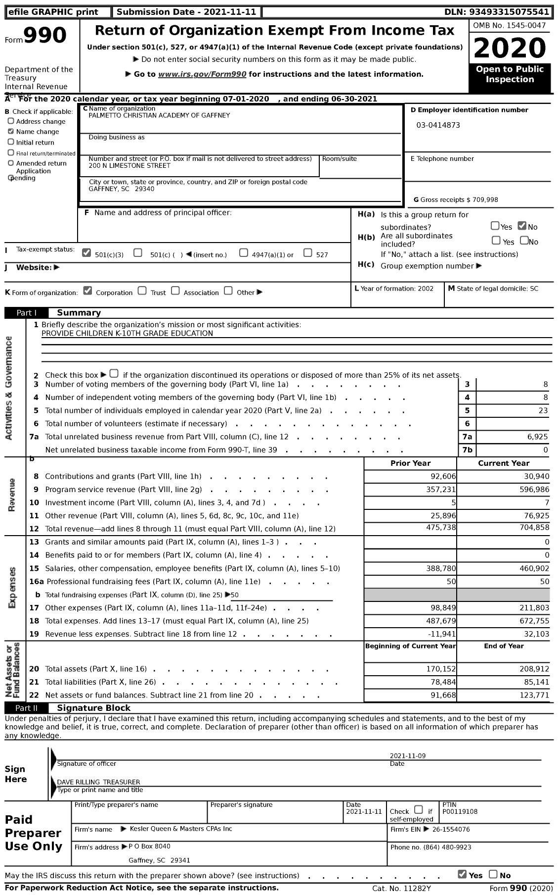 Image of first page of 2020 Form 990 for Palmetto Christian Academy of Gaffney