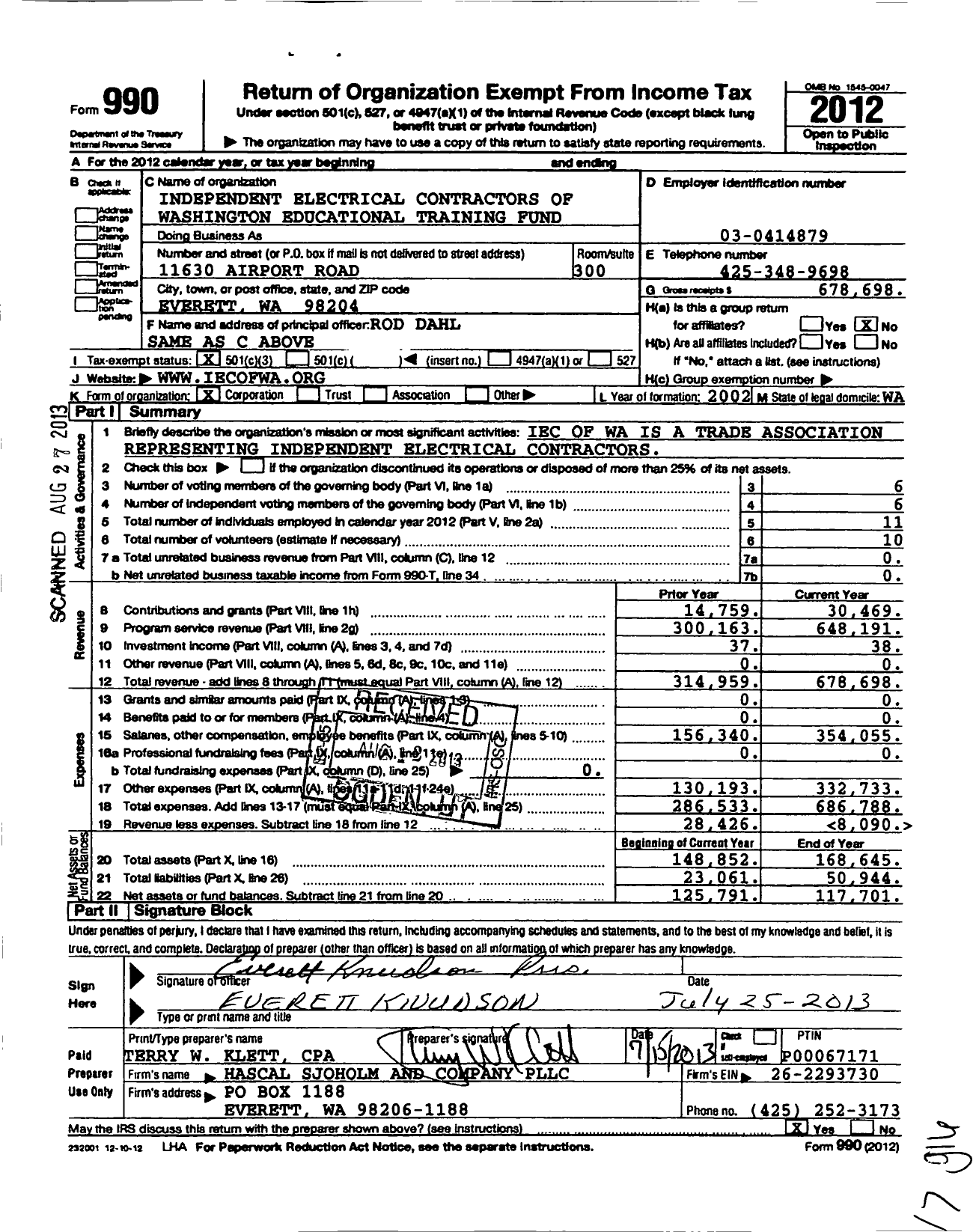 Image of first page of 2012 Form 990 for Independent Electrical Contractors of Washington