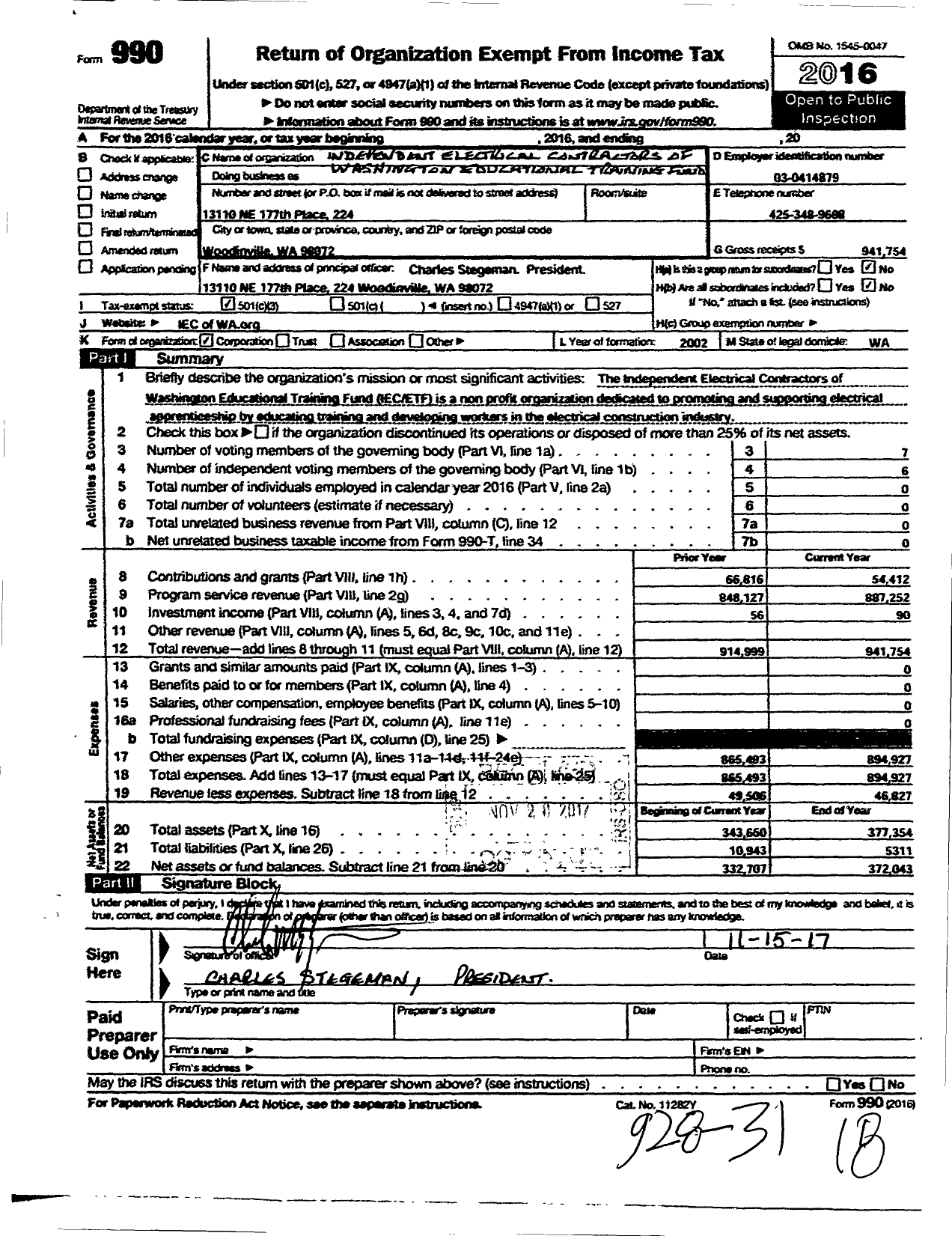 Image of first page of 2016 Form 990 for Independent Electrical Contractors of Washington