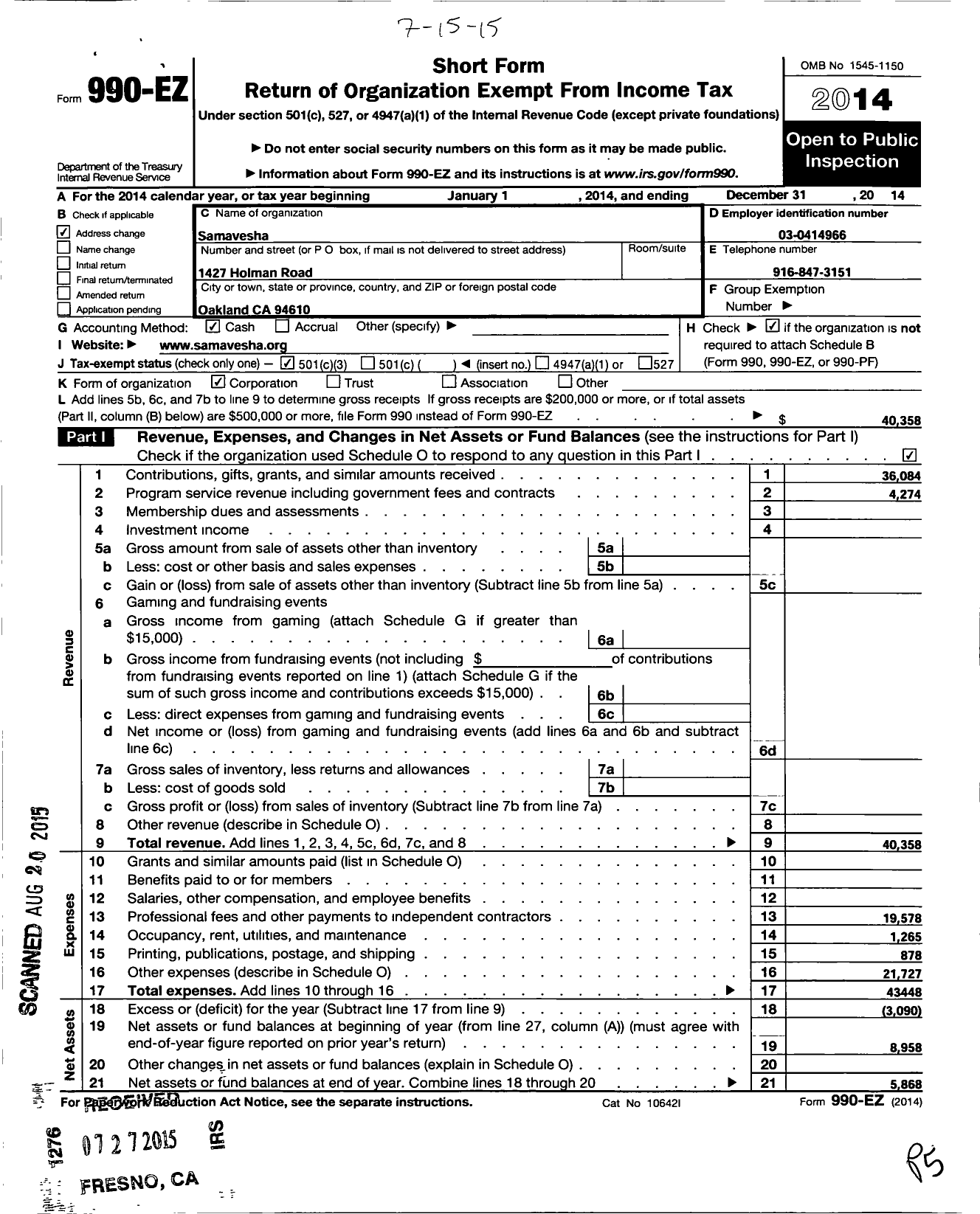 Image of first page of 2014 Form 990EZ for Seeds of Gold Institute