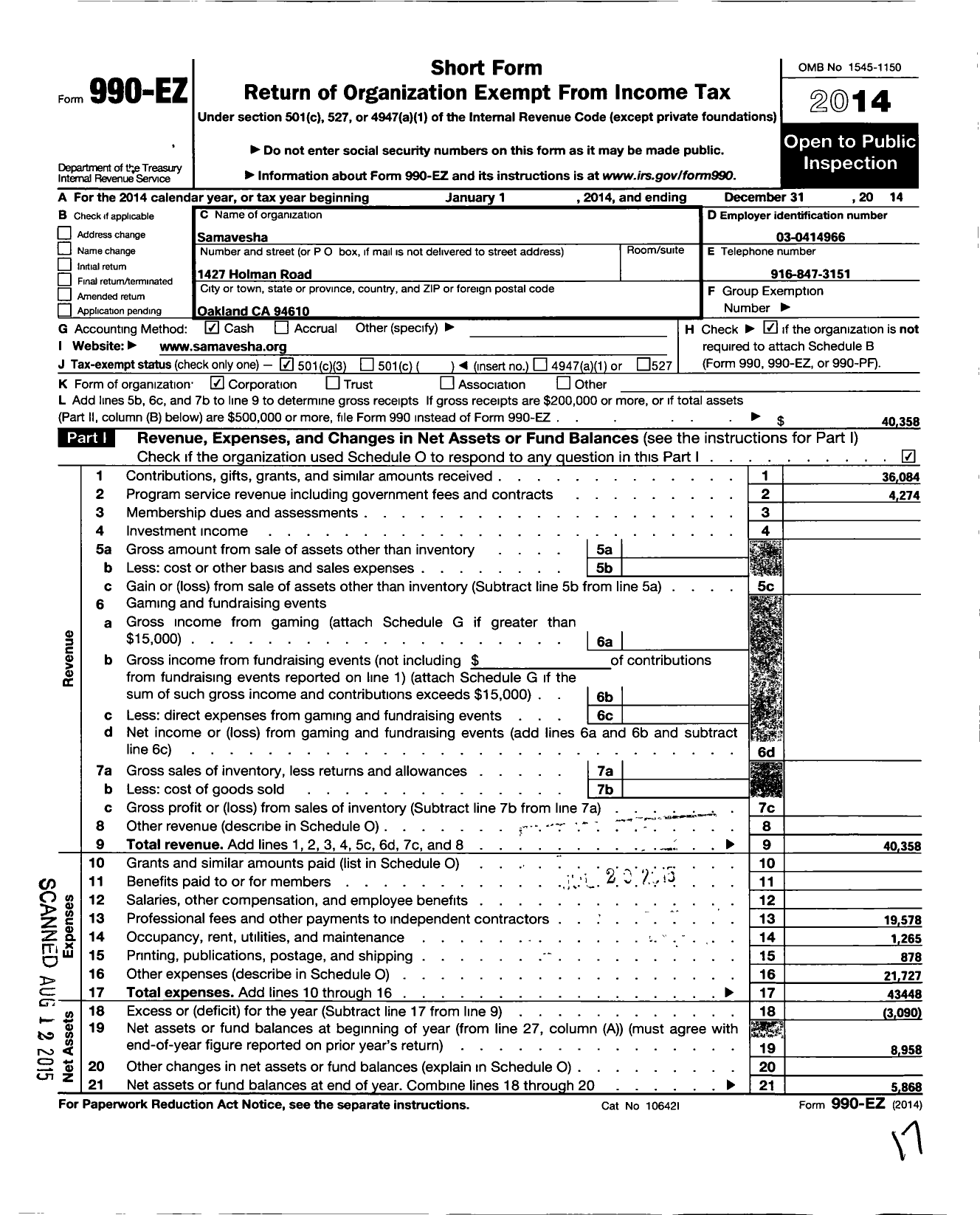 Image of first page of 2014 Form 990EZ for Seeds of Gold Institute