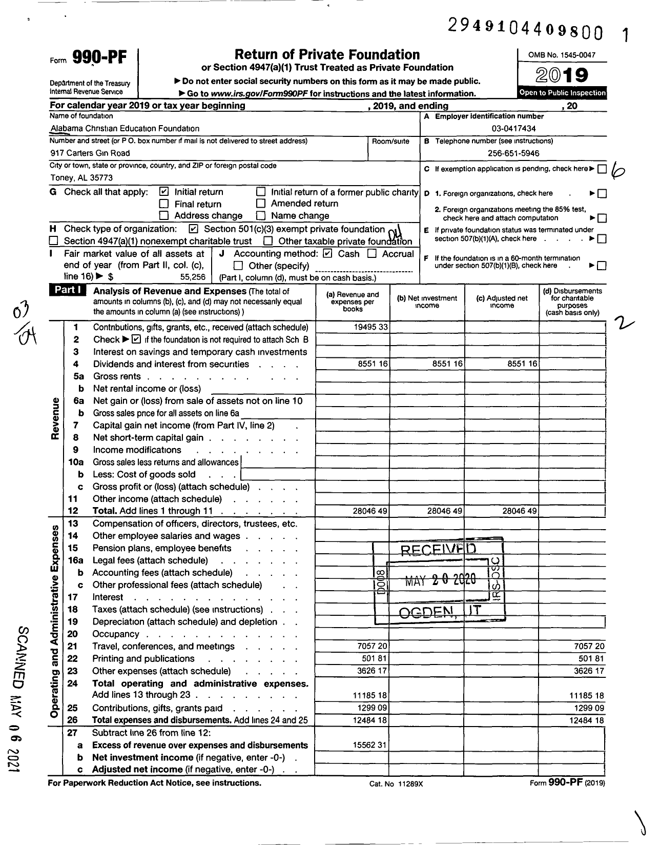 Image of first page of 2019 Form 990PF for Alabama Christian Education Foundation