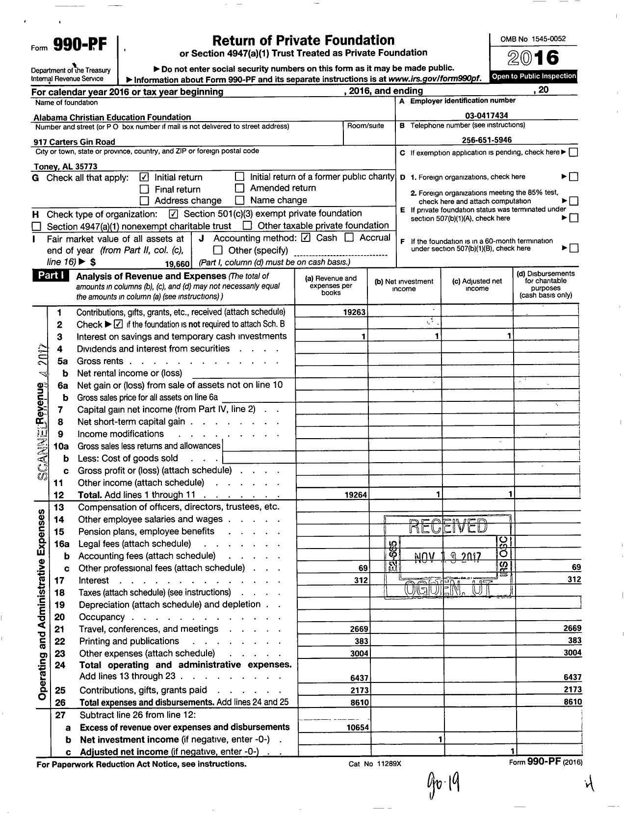 Image of first page of 2016 Form 990PF for Alabama Christian Education Foundation