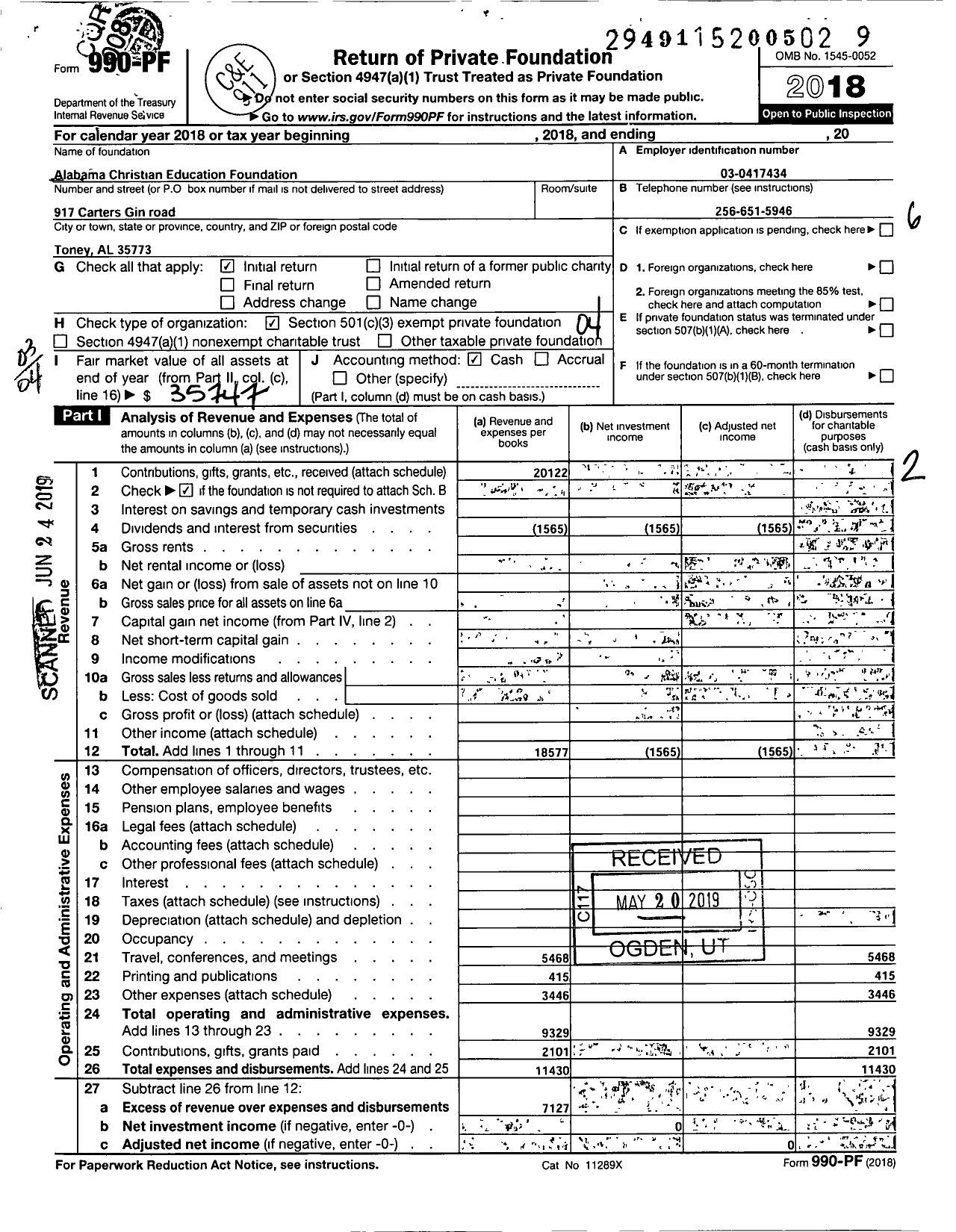 Image of first page of 2018 Form 990PF for Alabama Christian Education Foundation