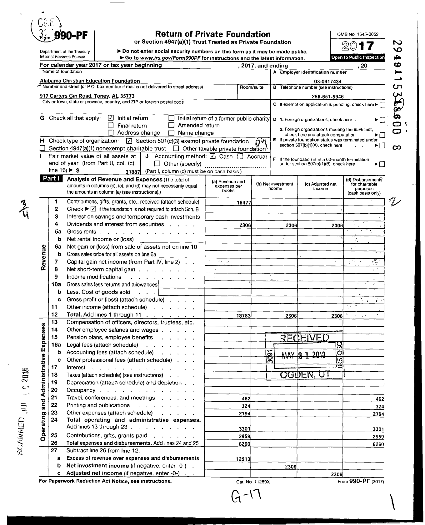 Image of first page of 2017 Form 990PF for Alabama Christian Education Foundation