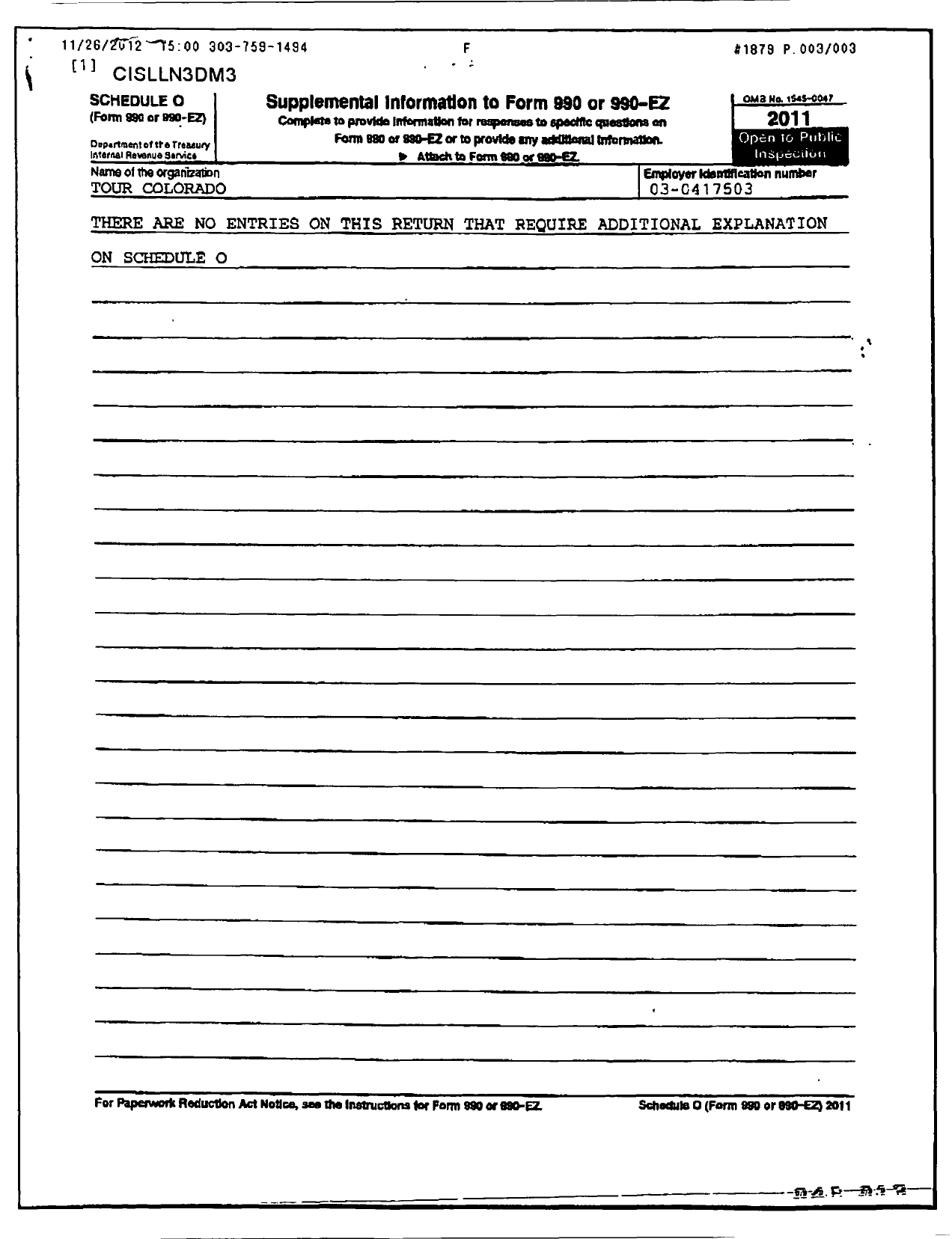 Image of first page of 2011 Form 990OR for Tour Colorado