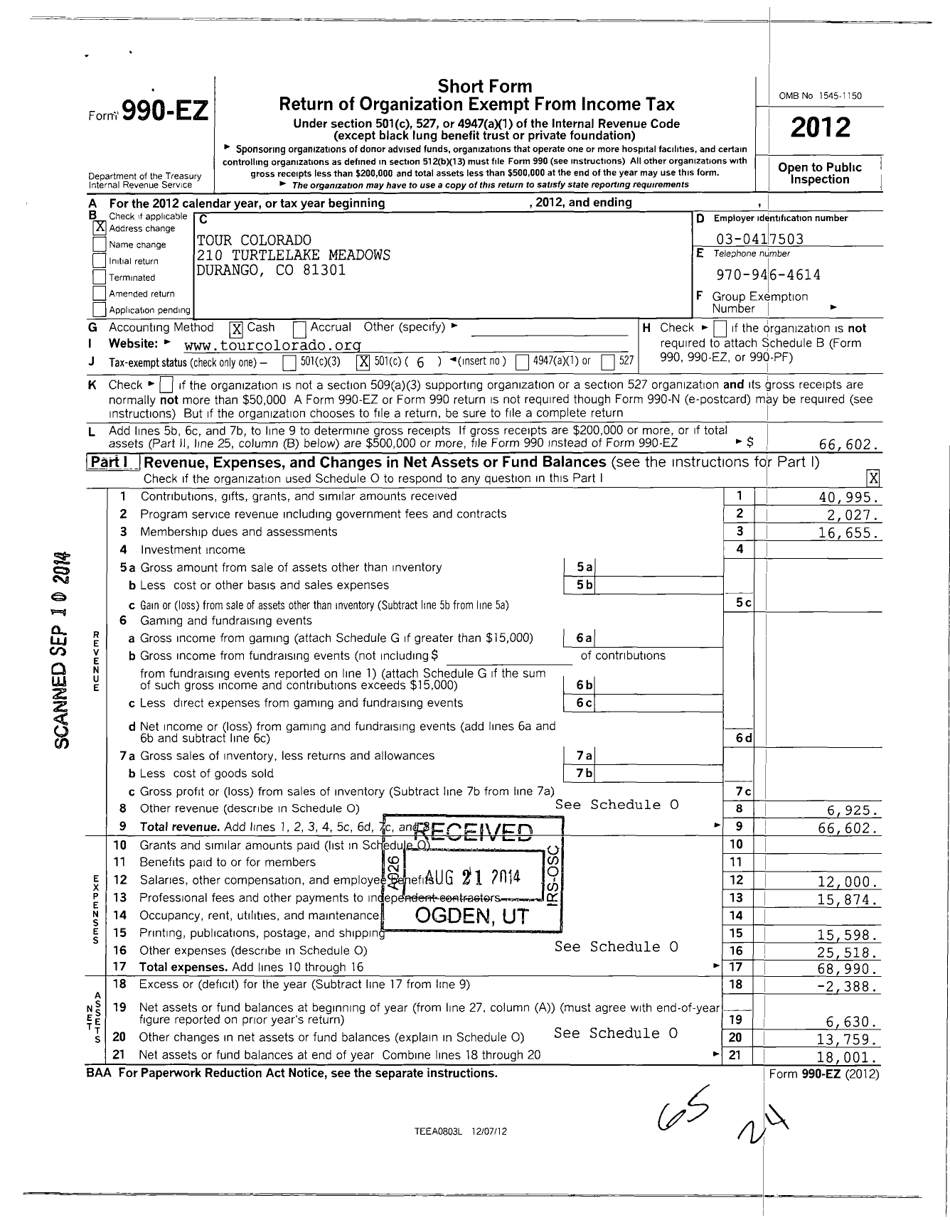 Image of first page of 2012 Form 990EO for Tour Colorado