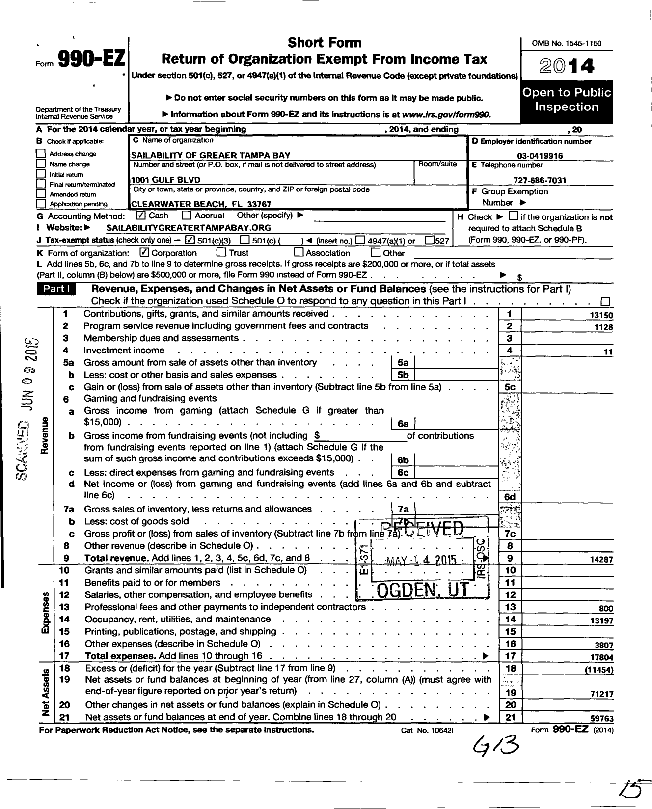 Image of first page of 2014 Form 990EZ for Sailability of Greater Tampa Bay